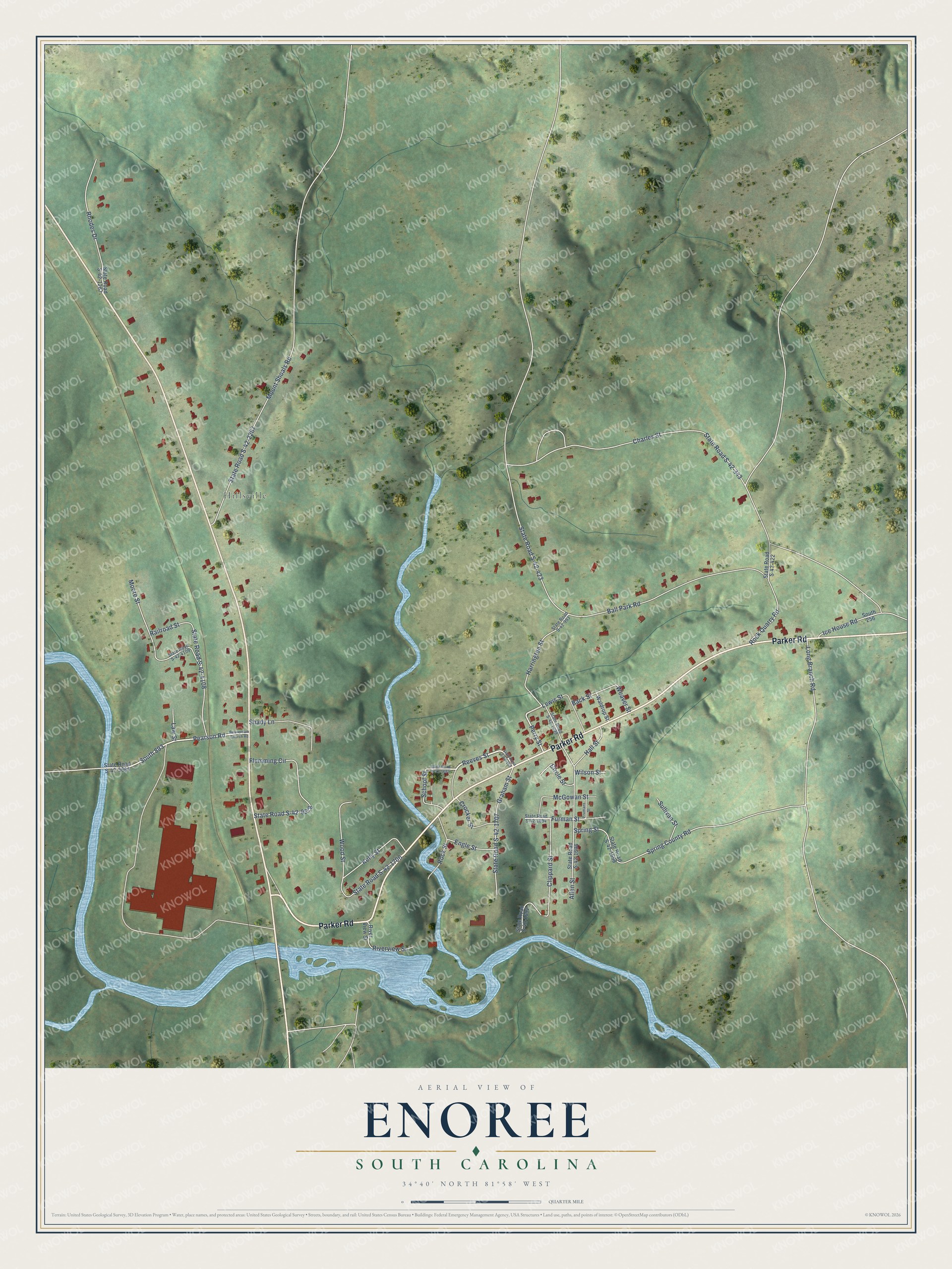 Full map of Enoree, South Carolina, with red buildings, printed street names and the land around them