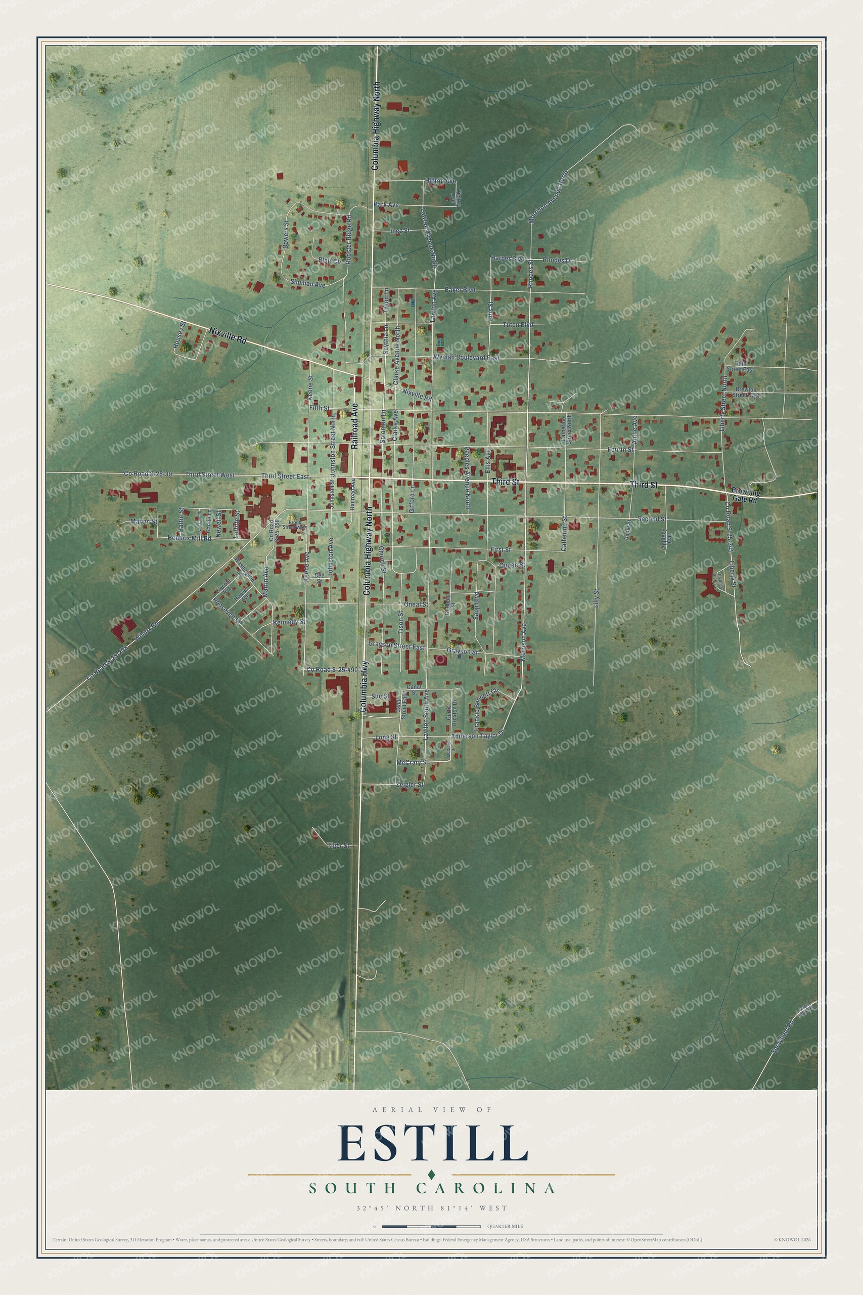 Full map of Estill, South Carolina, with red buildings, printed street names and the land around them