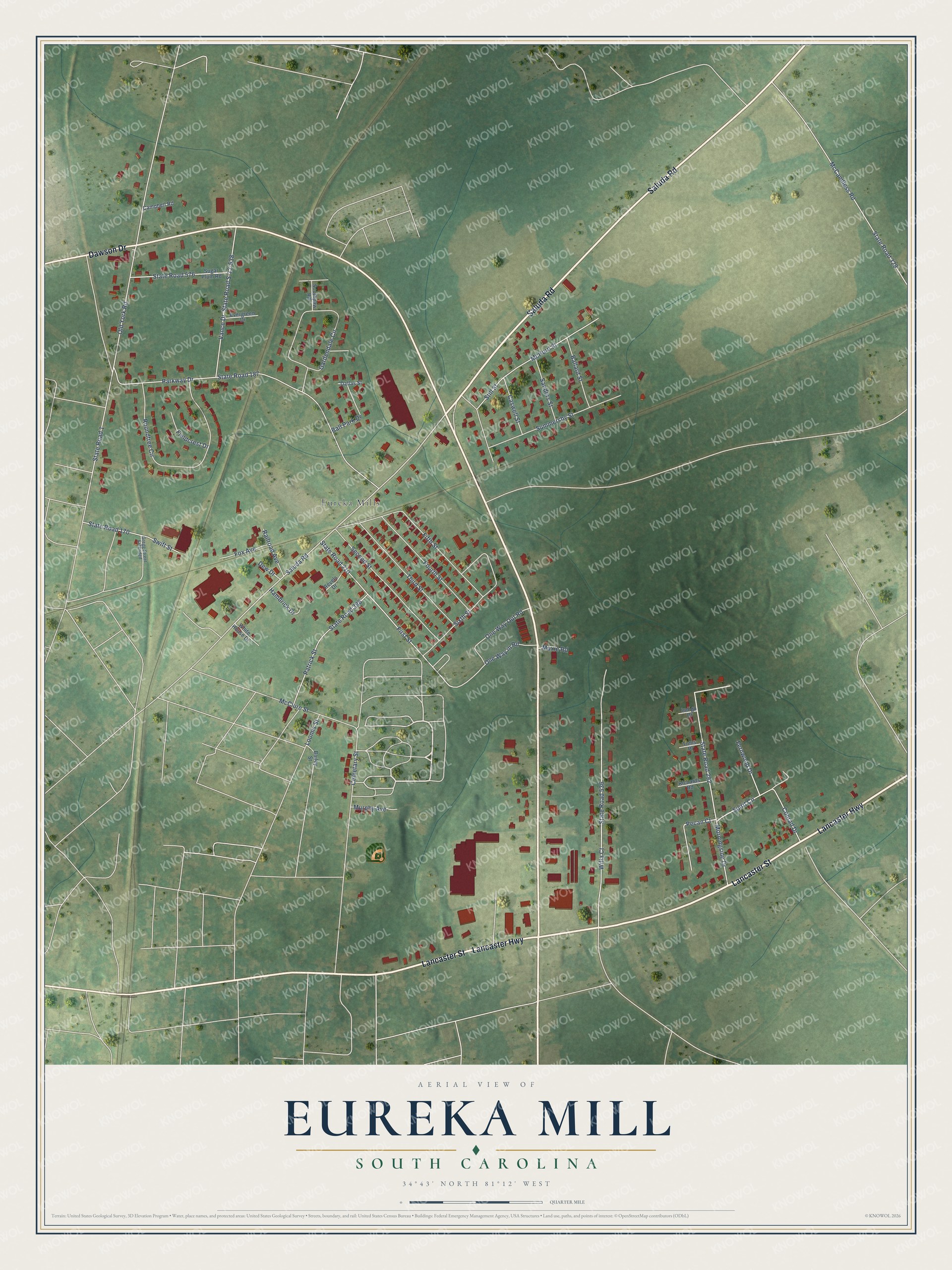 Full map of Eureka Mill, South Carolina, with red buildings, printed street names and the land around them