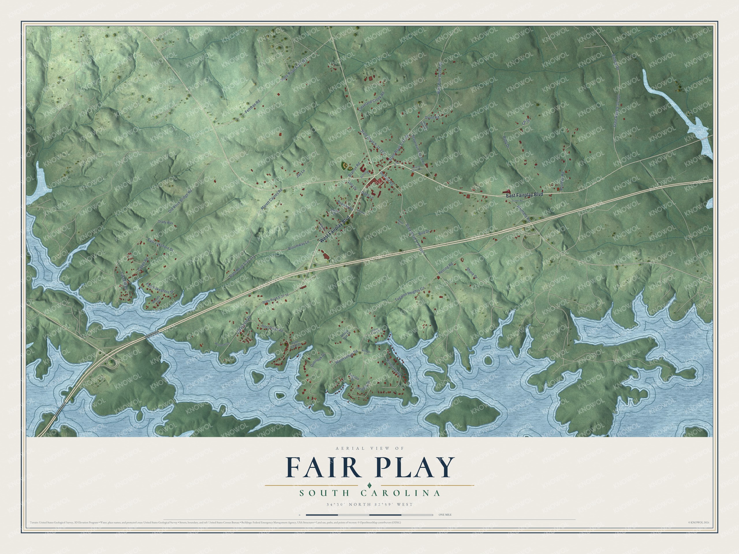 Full map of Fair Play, South Carolina, with red buildings, printed street names and the land around them