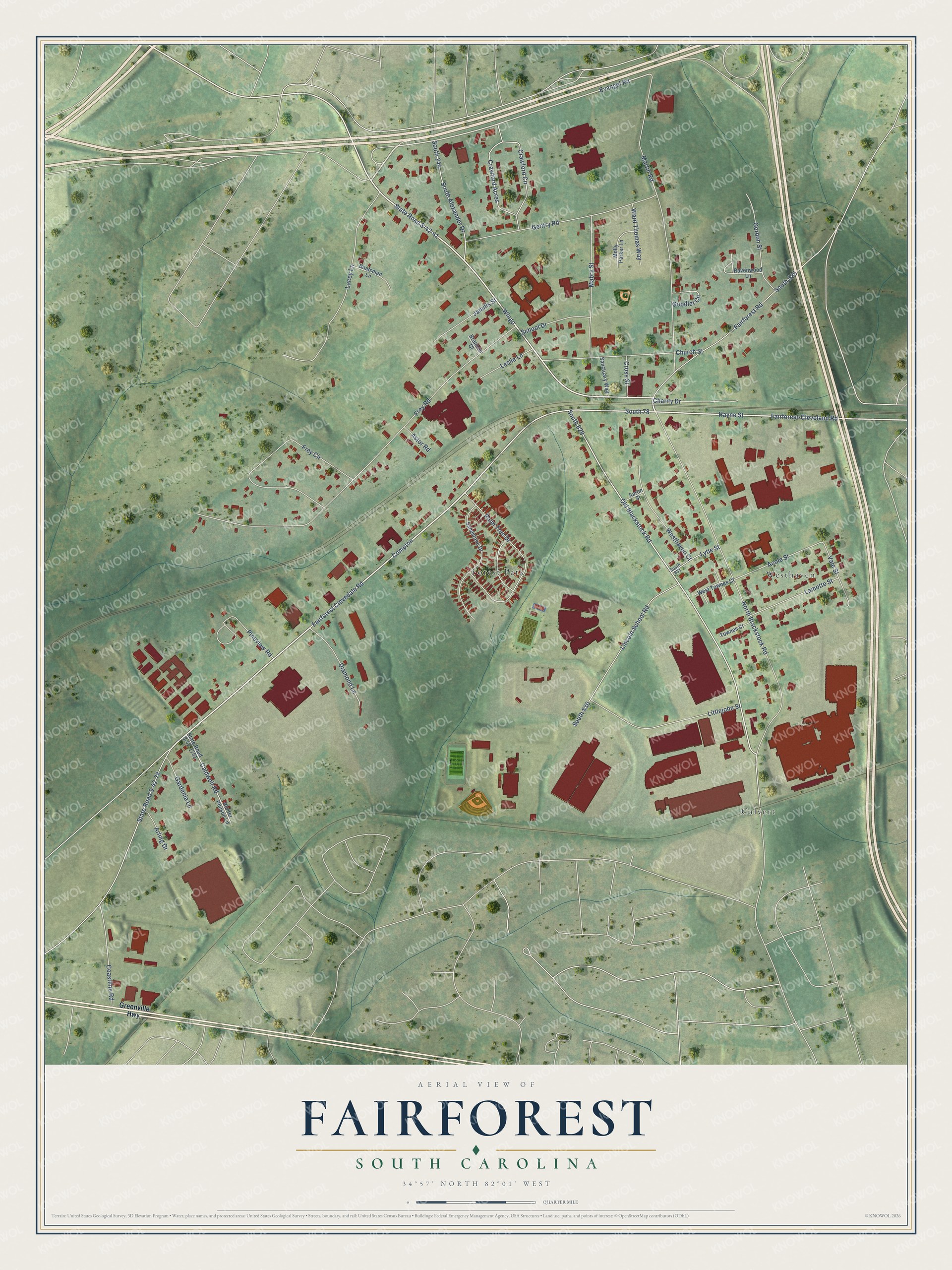 Full map of Fairforest, South Carolina, with red buildings, printed street names and the land around them
