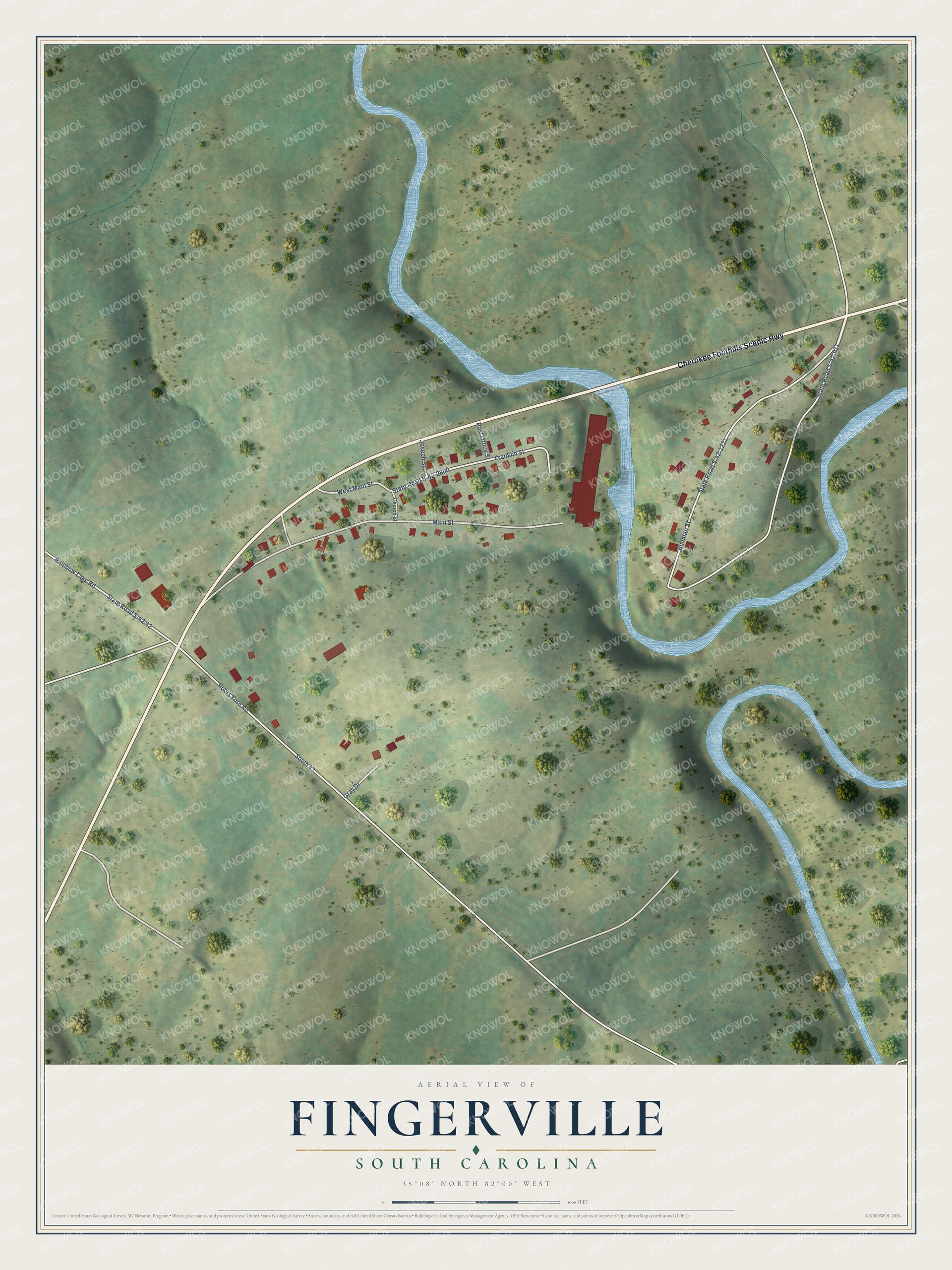 Full map of Fingerville, South Carolina, with red buildings, printed street names and the land around them