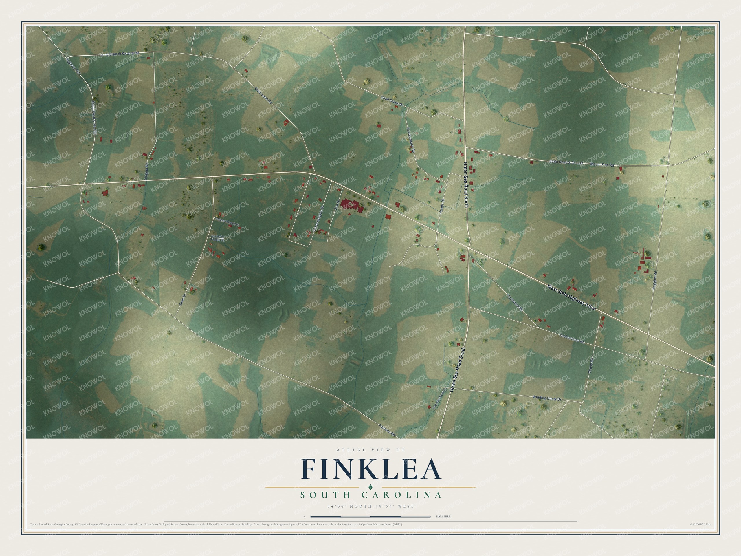 Full map of Finklea, South Carolina, with red buildings, printed street names and the land around them