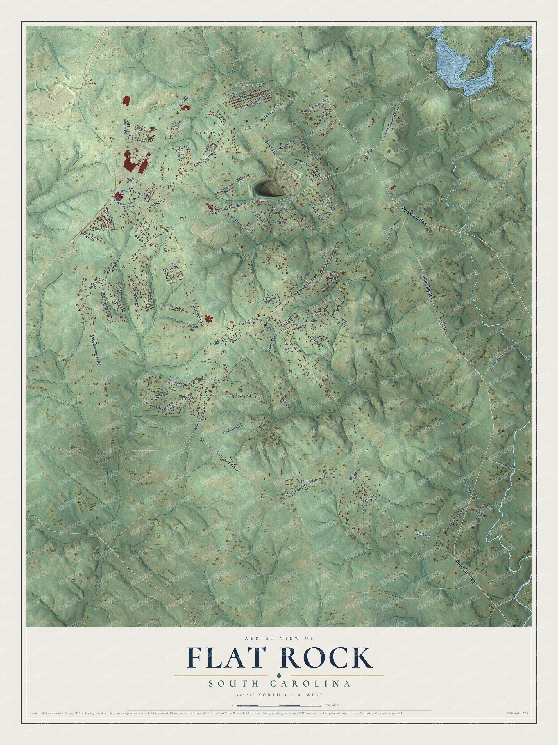Full map of Flat Rock, South Carolina, with red buildings, printed street names and the land around them
