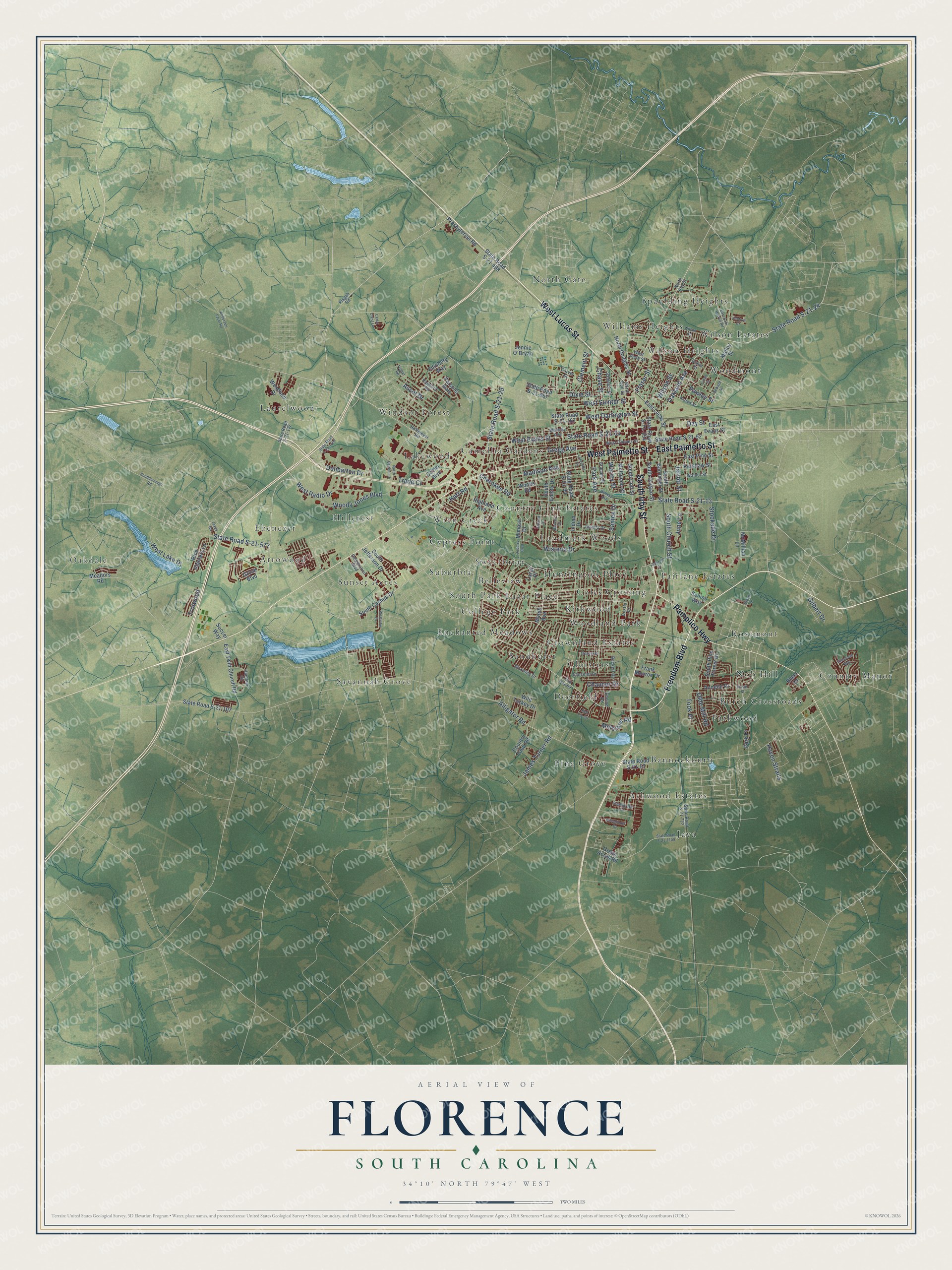 Full map of Florence, South Carolina, with red buildings, printed street names and the land around them