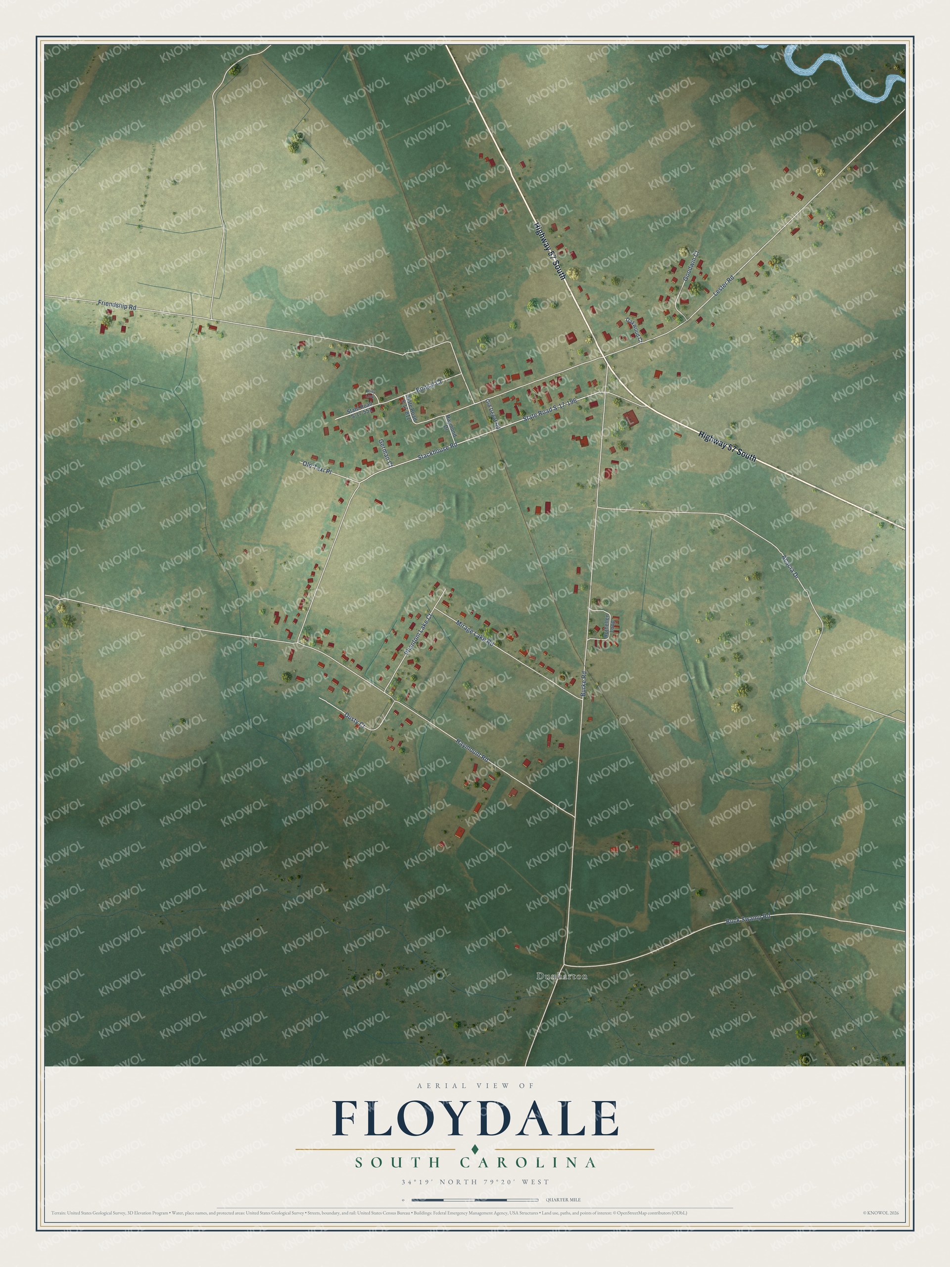 Full map of Floydale, South Carolina, with red buildings, printed street names and the land around them