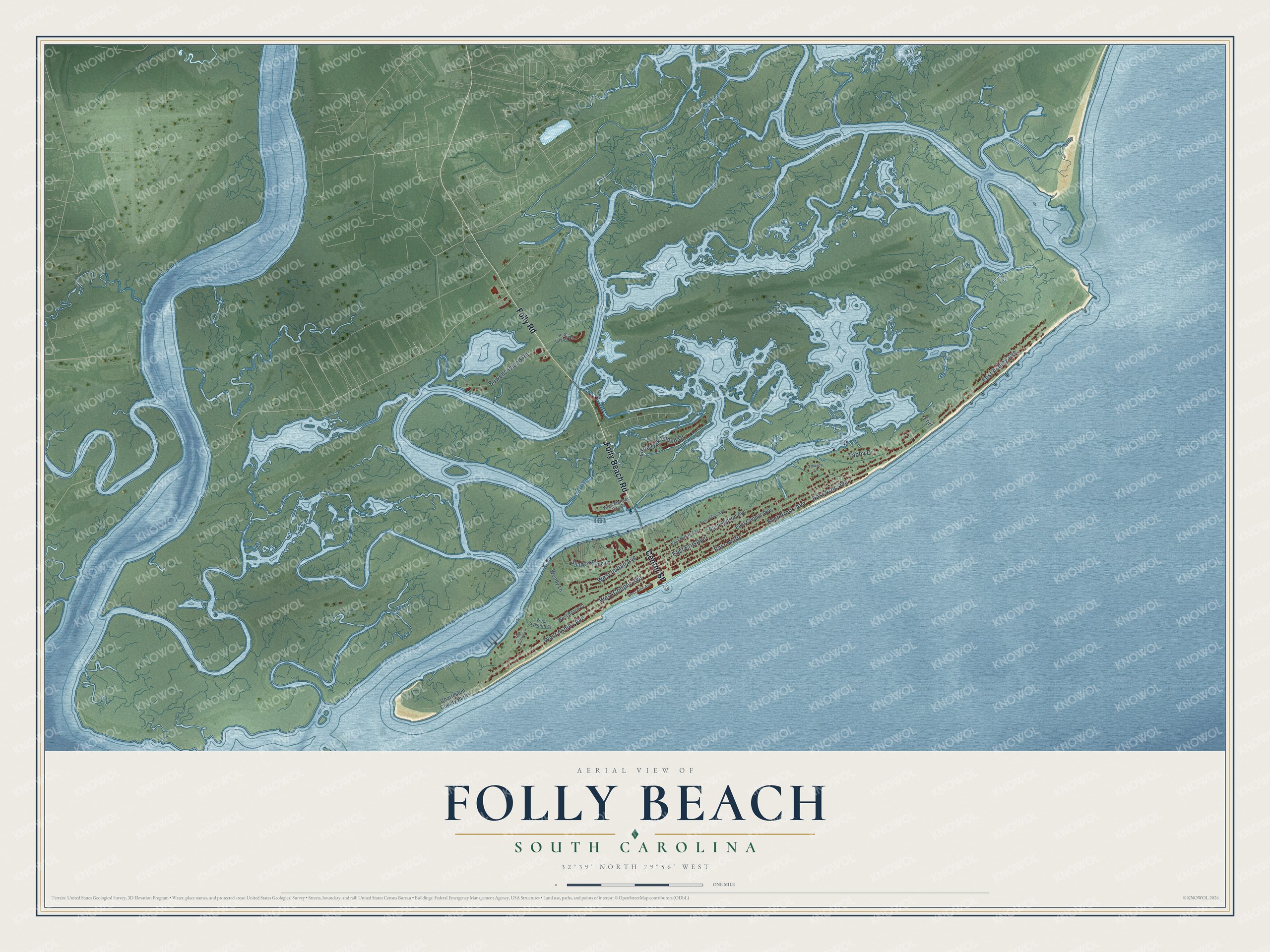 Full map of Folly Beach, South Carolina, with red buildings, printed street names and the land around them