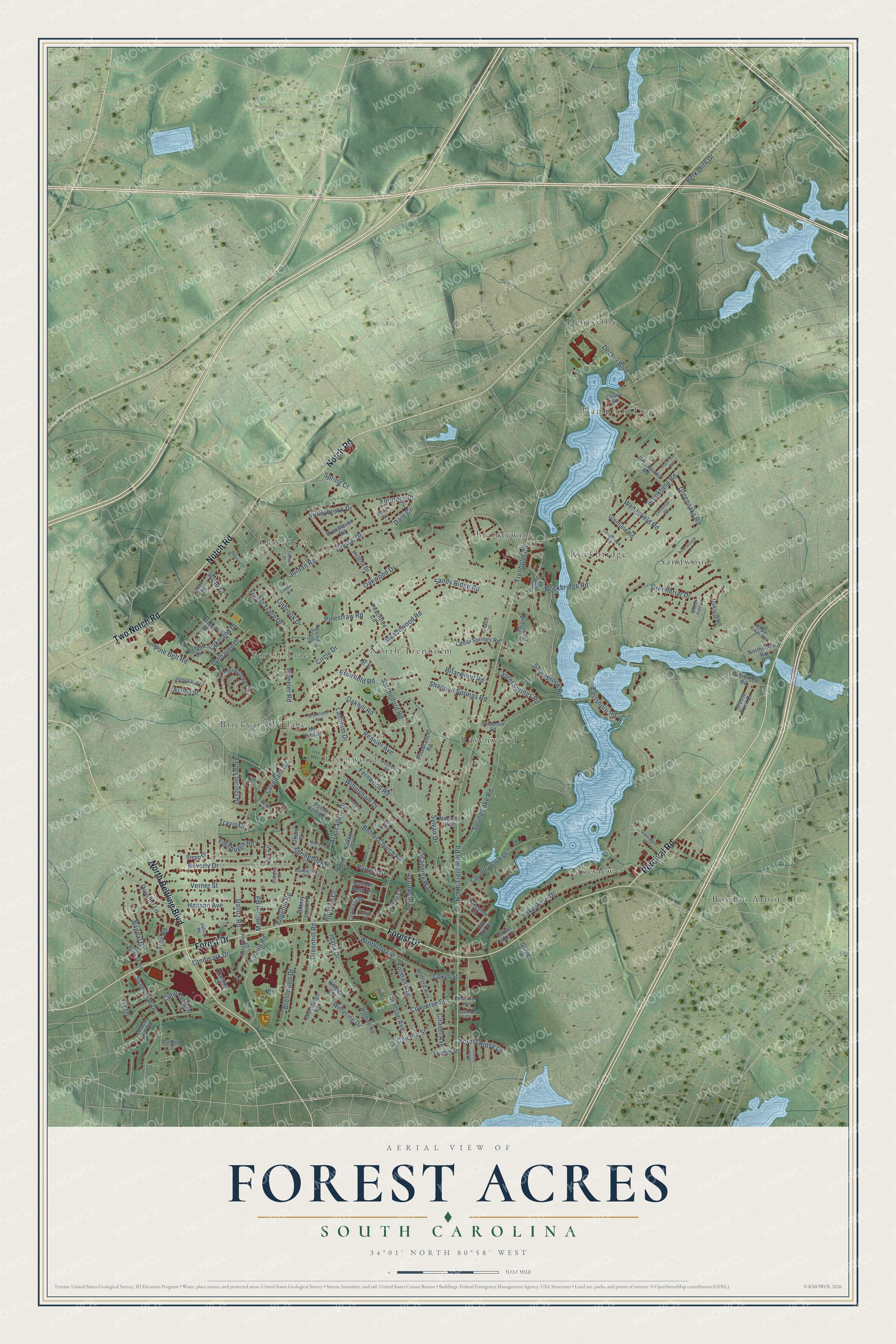 Full map of Forest Acres, South Carolina, with red buildings, printed street names and the land around them
