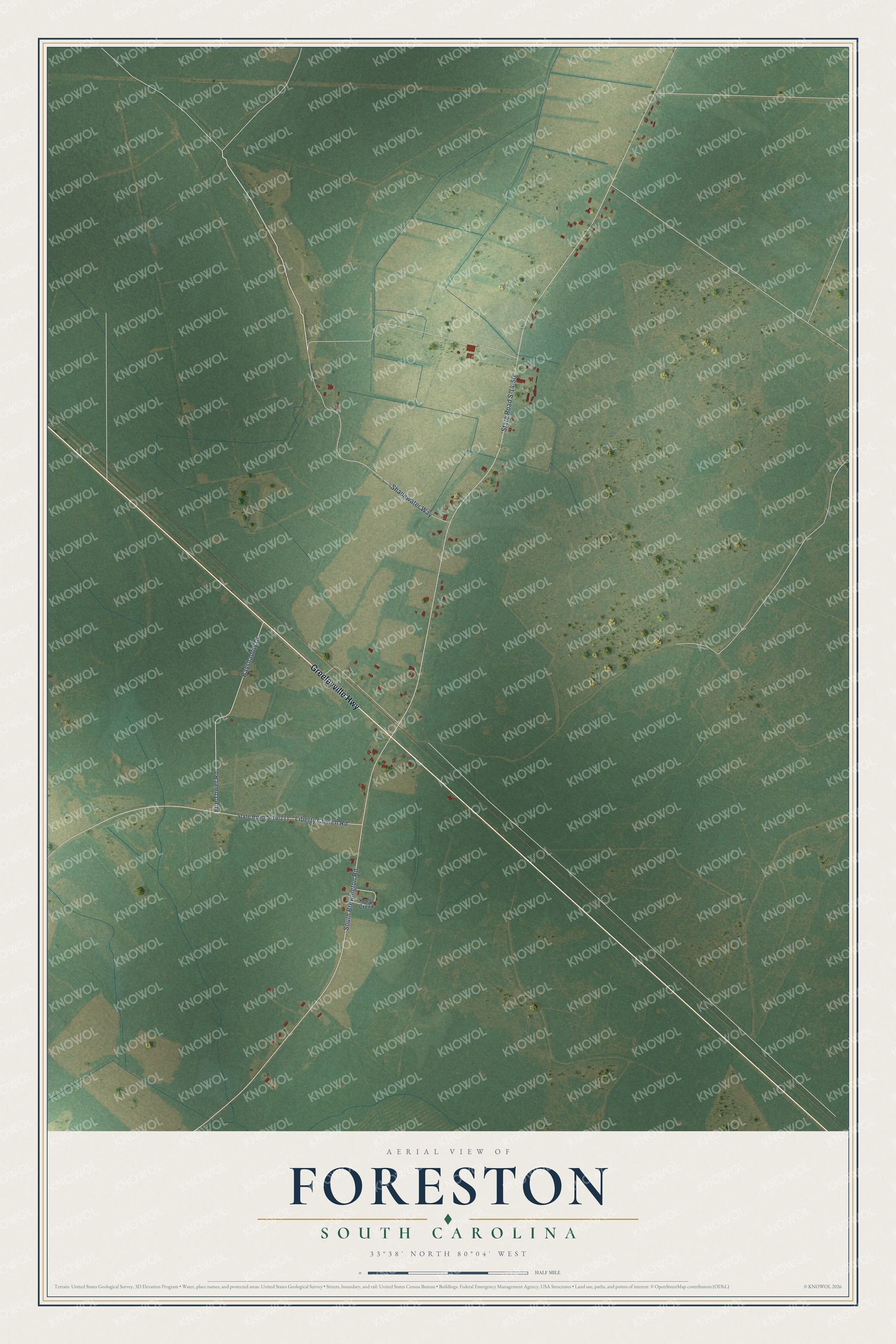 Full map of Foreston, South Carolina, with red buildings, printed street names and the land around them