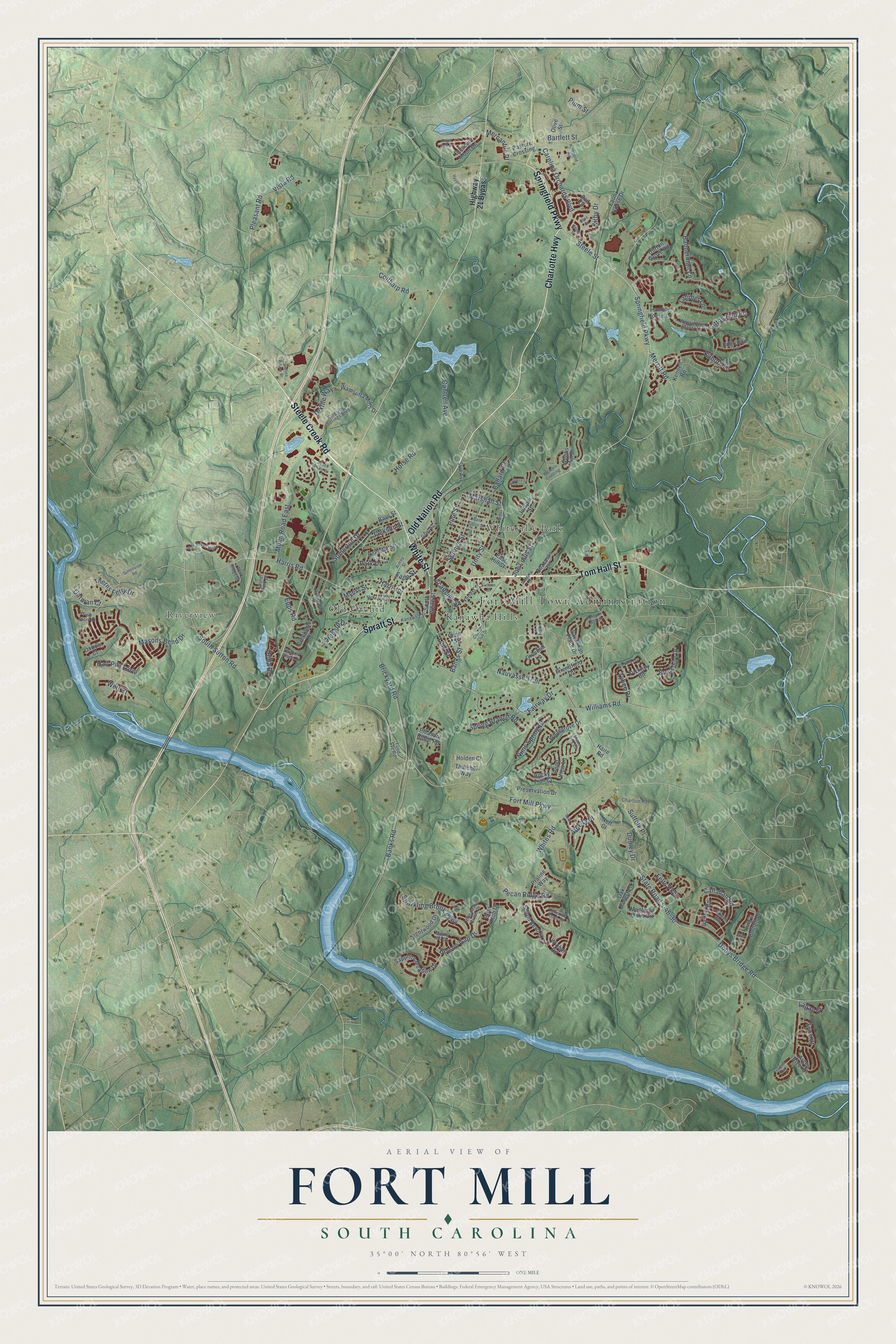 Full map of Fort Mill, South Carolina, with red buildings, printed street names and the land around them
