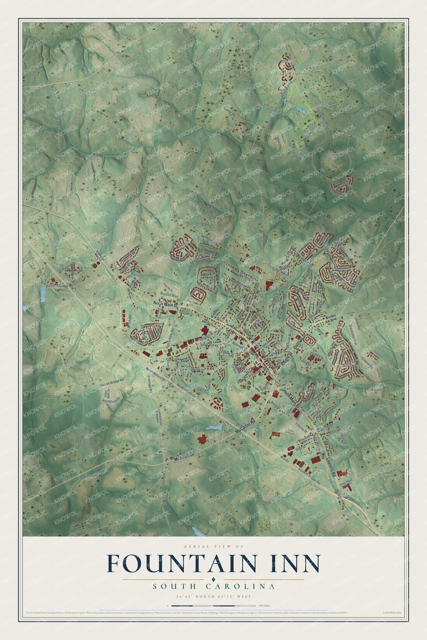 Full map of Fountain Inn, South Carolina, with red buildings, printed street names and the land around them