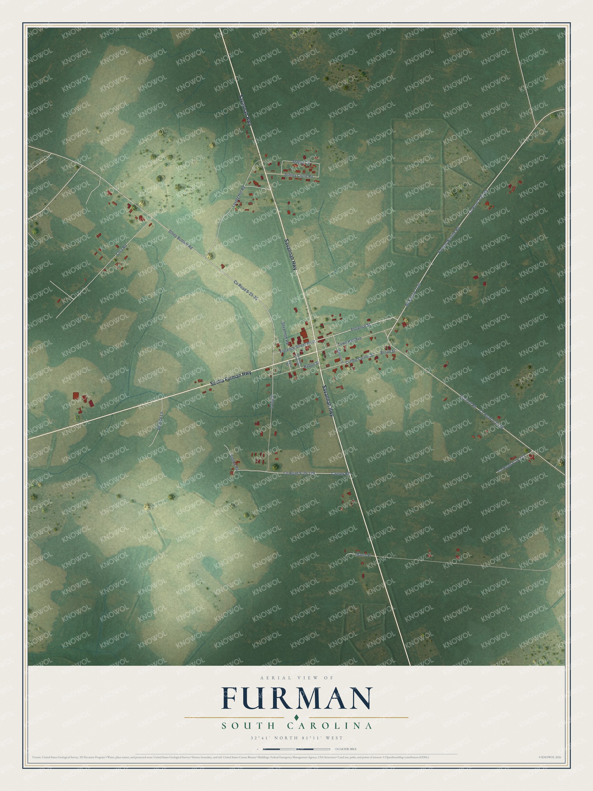 Full map of Furman, South Carolina, with red buildings, printed street names and the land around them