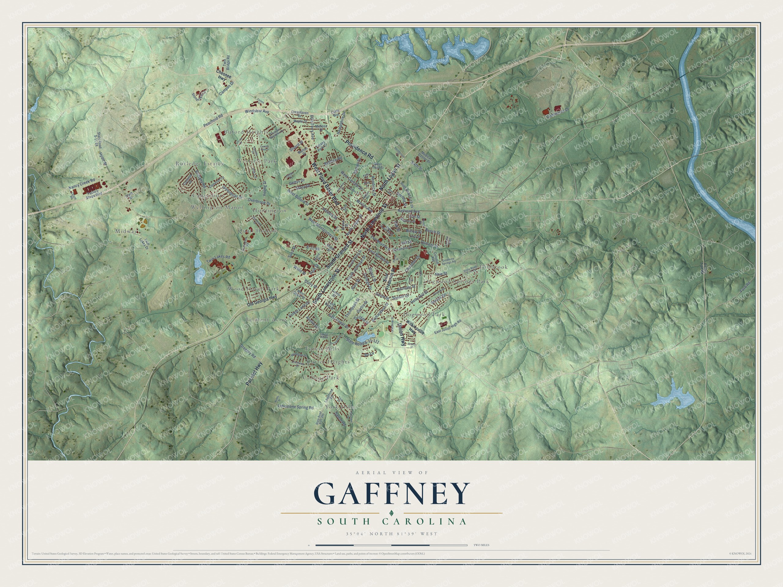 Full map of Gaffney, South Carolina, with red buildings, printed street names and the land around them