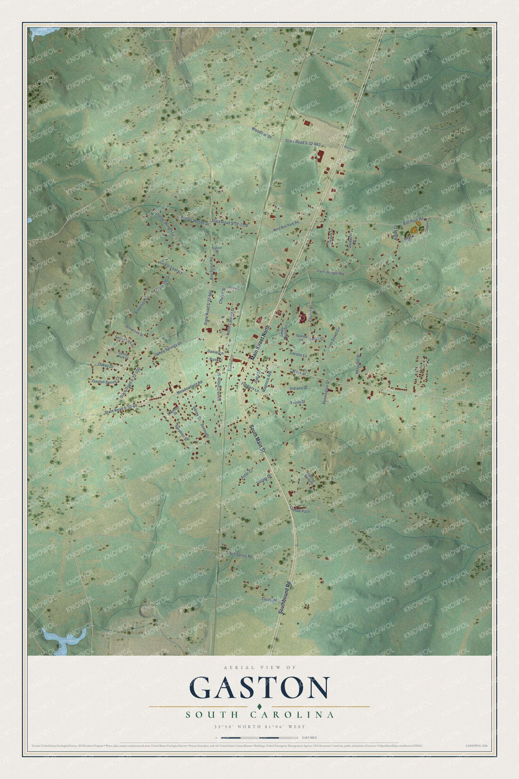 Full map of Gaston, South Carolina, with red buildings, printed street names and the land around them