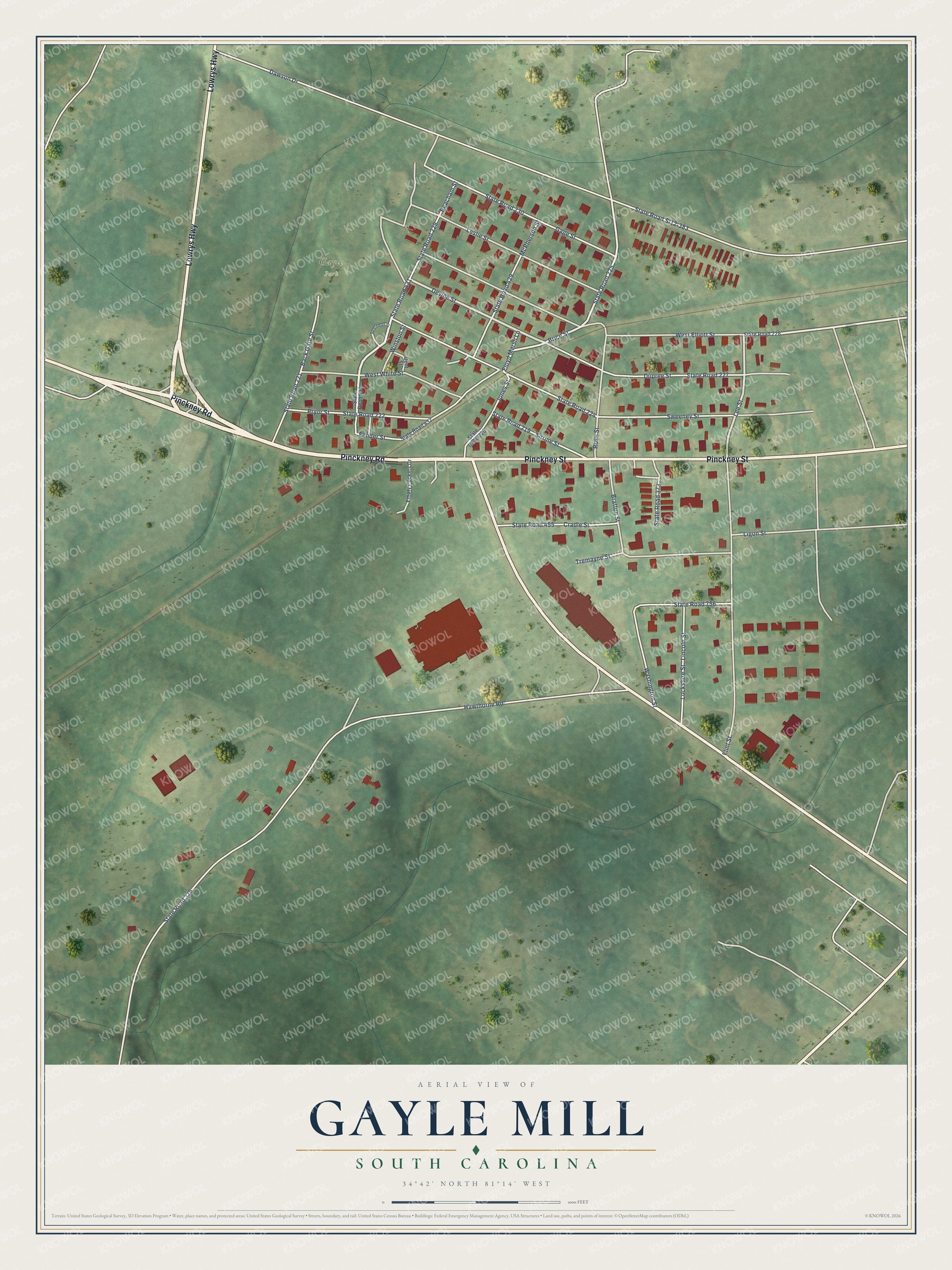 Full map of Gayle Mill, South Carolina, with red buildings, printed street names and the land around them