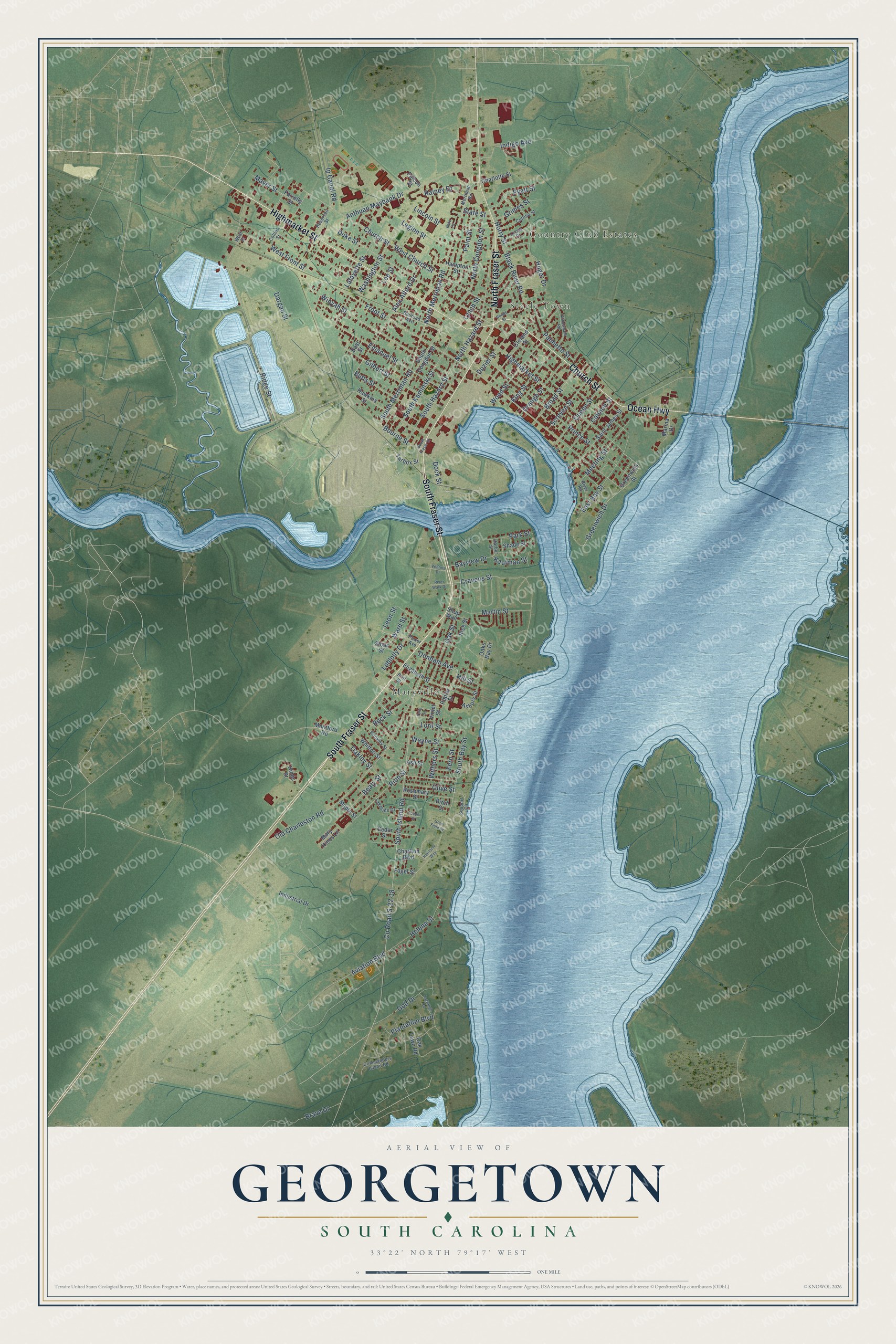 Full map of Georgetown, South Carolina, with red buildings, printed street names and the land around them