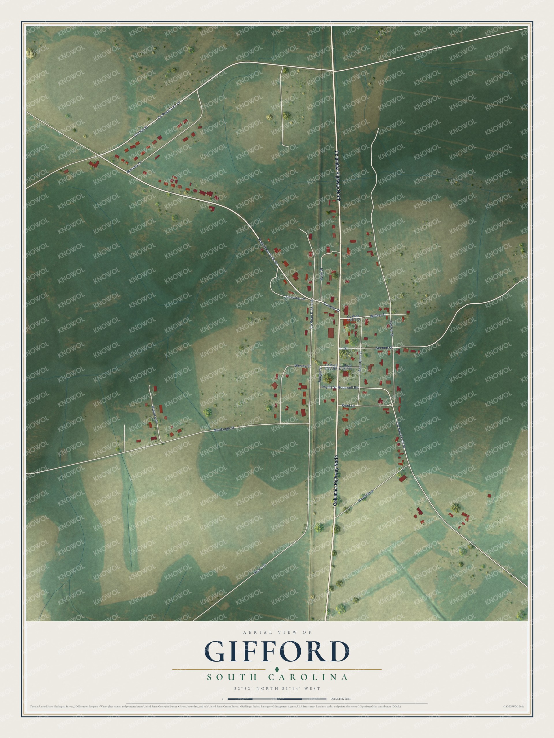 Full map of Gifford, South Carolina, with red buildings, printed street names and the land around them