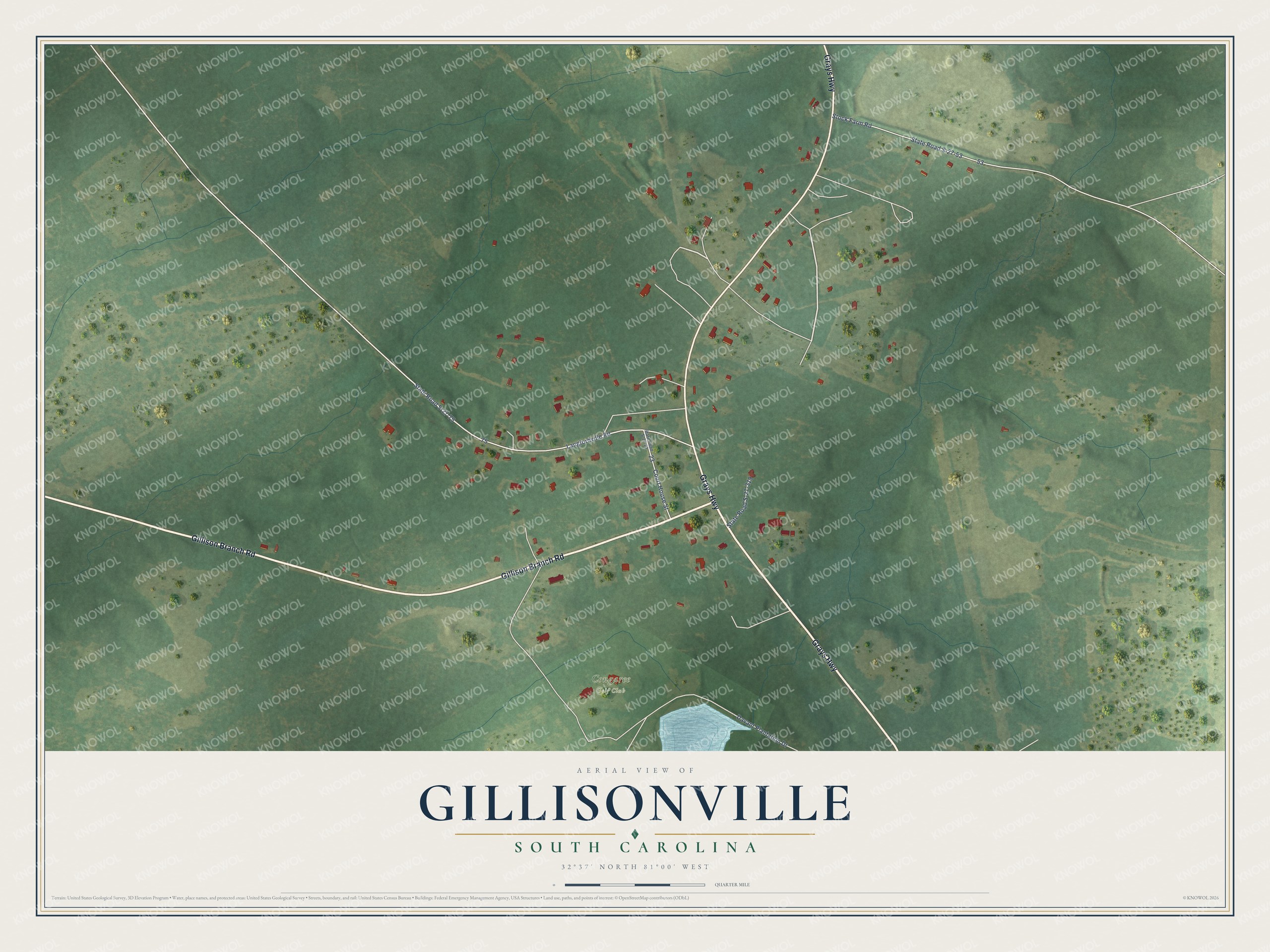 Full map of Gillisonville, South Carolina, with red buildings, printed street names and the land around them