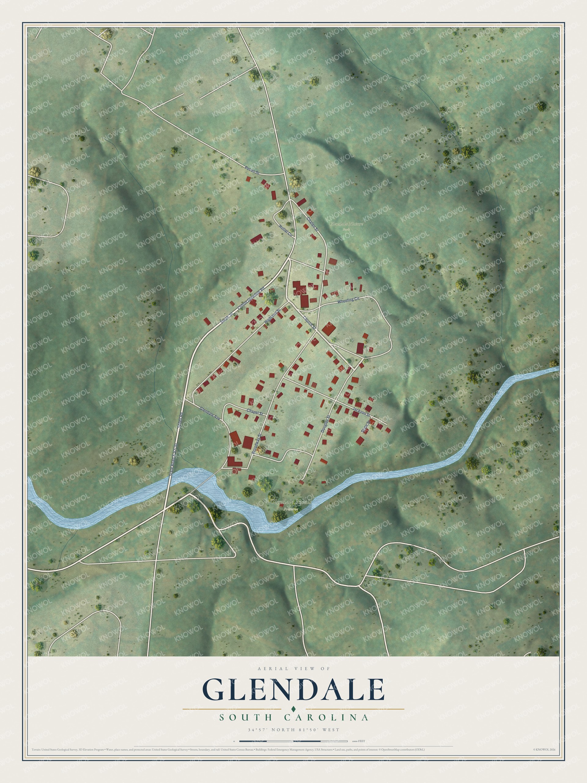 Full map of Glendale, South Carolina, with red buildings, printed street names and the land around them