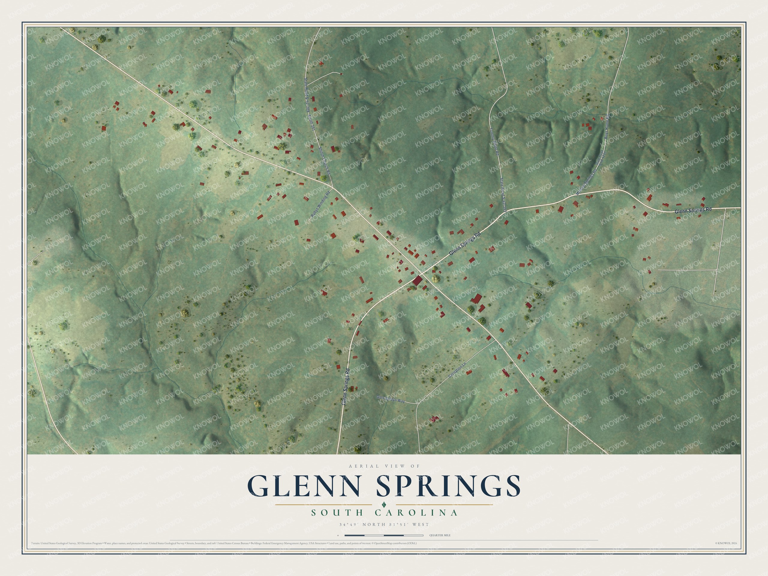 Full map of Glenn Springs, South Carolina, with red buildings, printed street names and the land around them