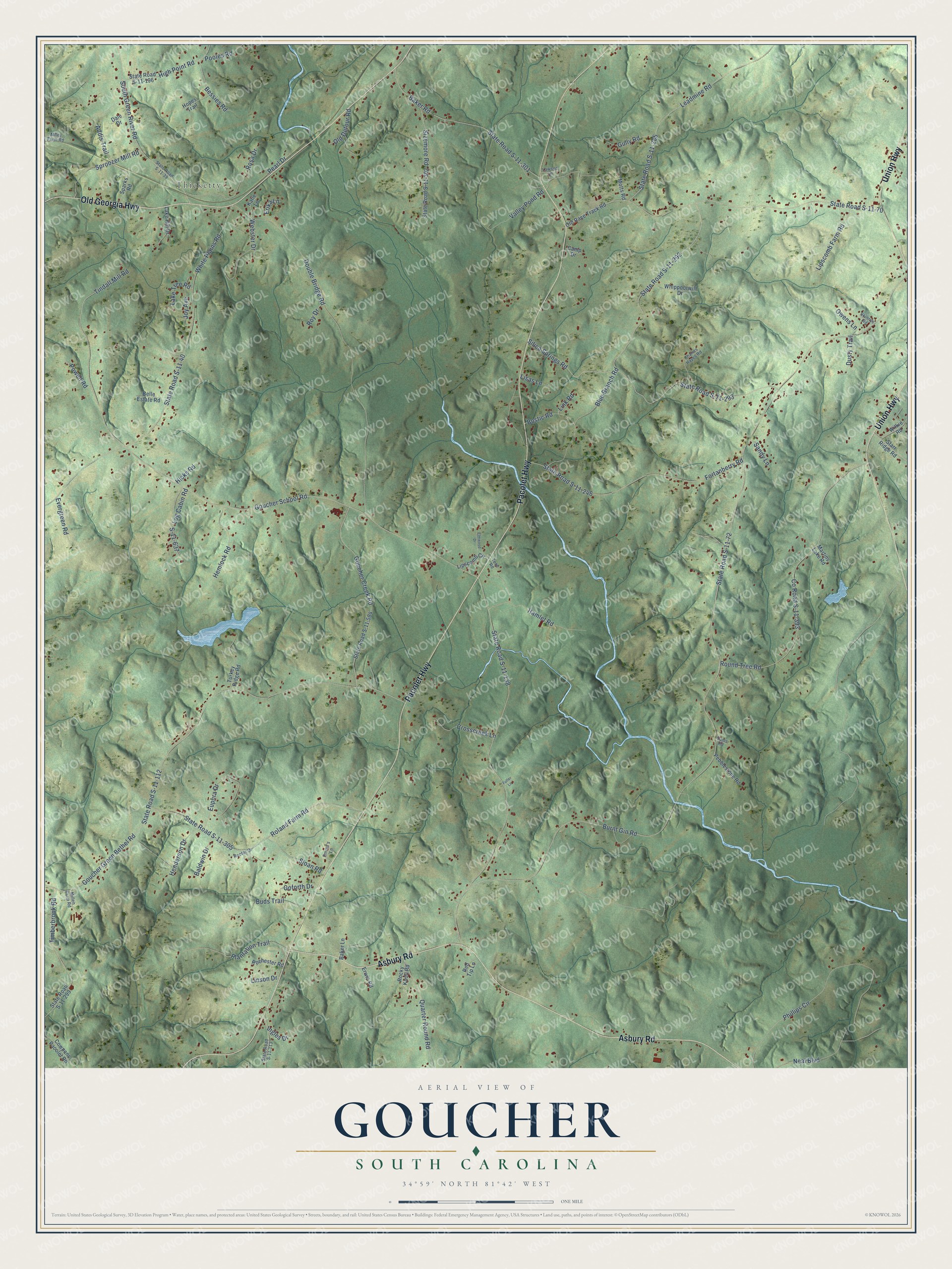 Full map of Goucher, South Carolina, with red buildings, printed street names and the land around them