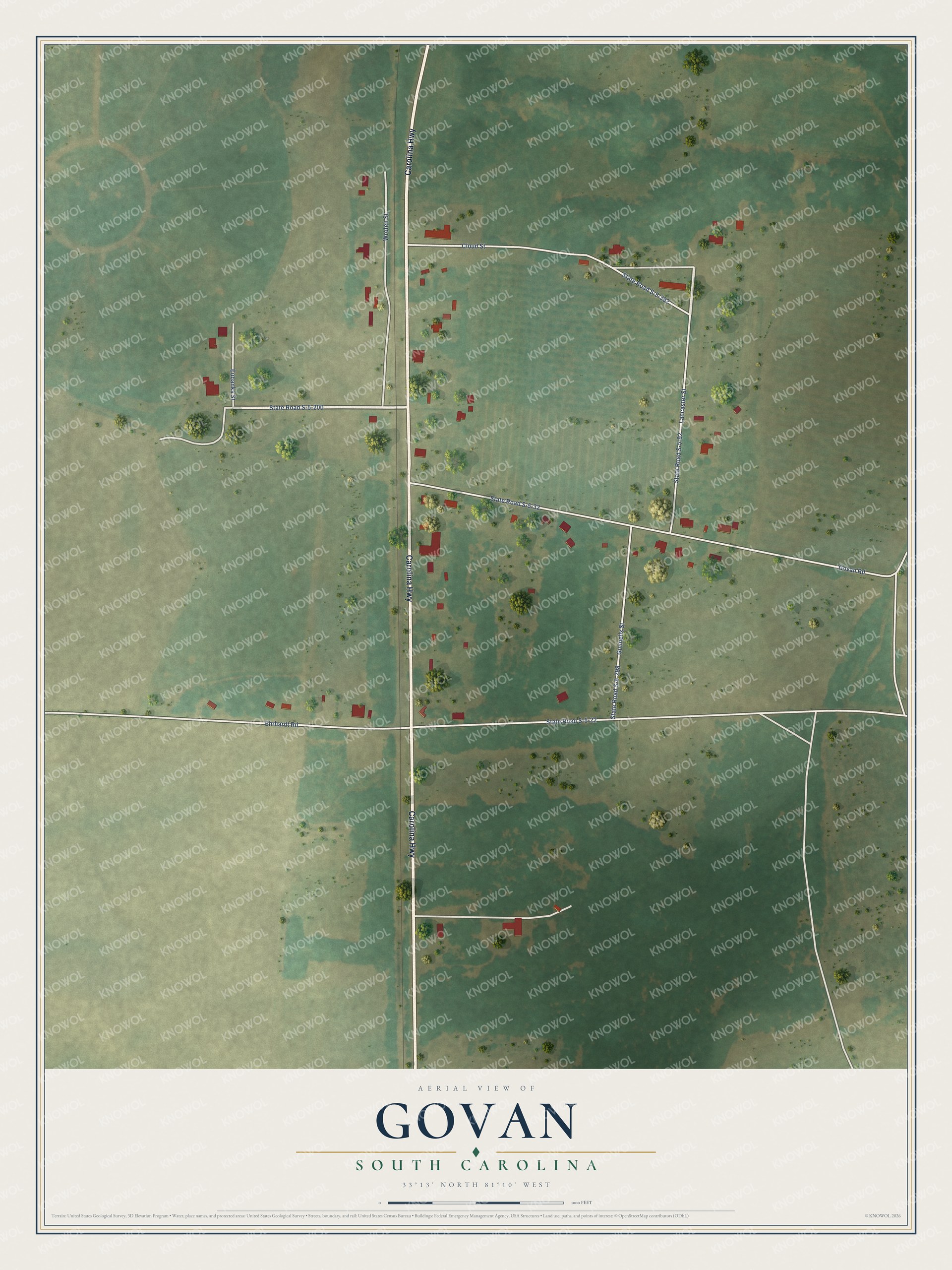 Full map of Govan, South Carolina, with red buildings, printed street names and the land around them