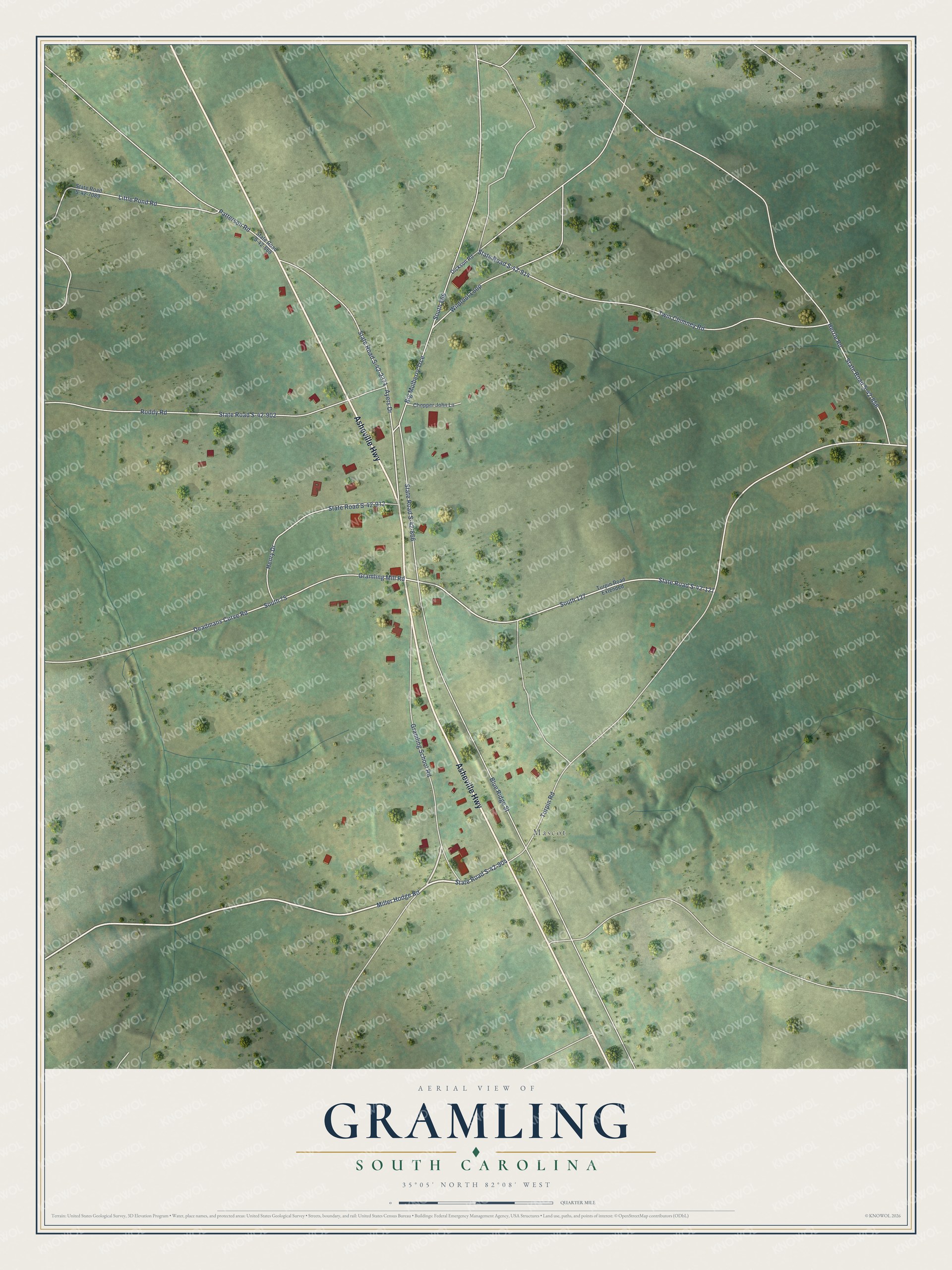 Full map of Gramling, South Carolina, with red buildings, printed street names and the land around them