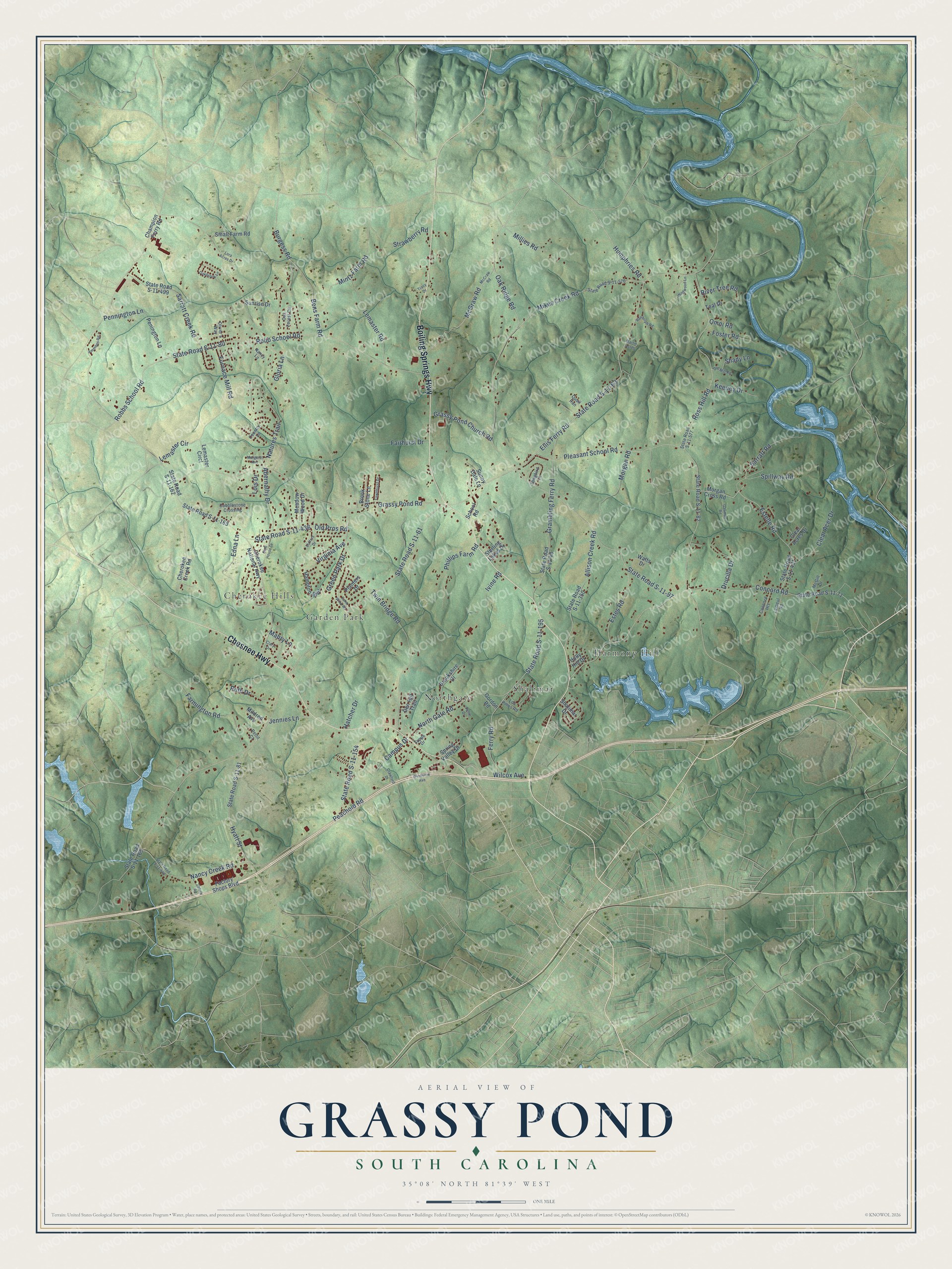 Full map of Grassy Pond, South Carolina, with red buildings, printed street names and the land around them