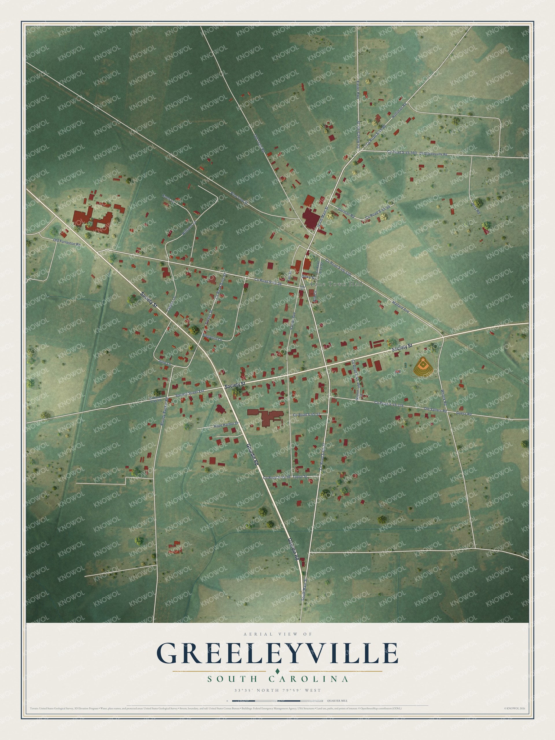 Full map of Greeleyville, South Carolina, with red buildings, printed street names and the land around them