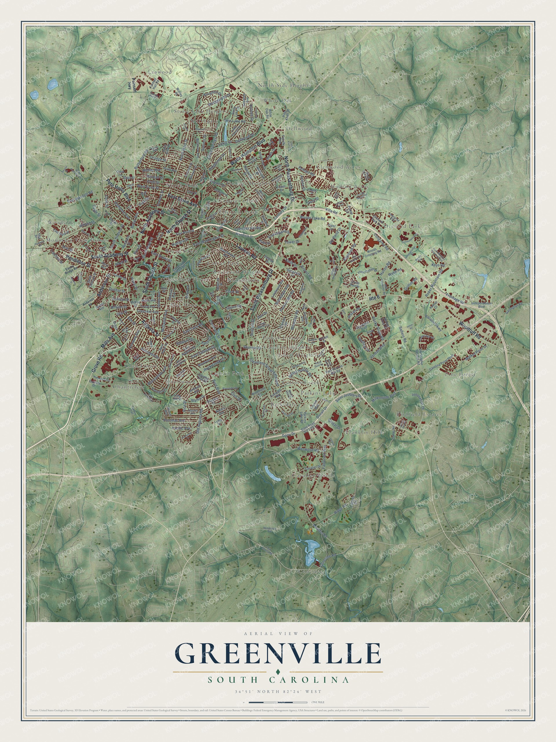 Full map of Greenville, South Carolina, with red buildings, printed street names and the land around them