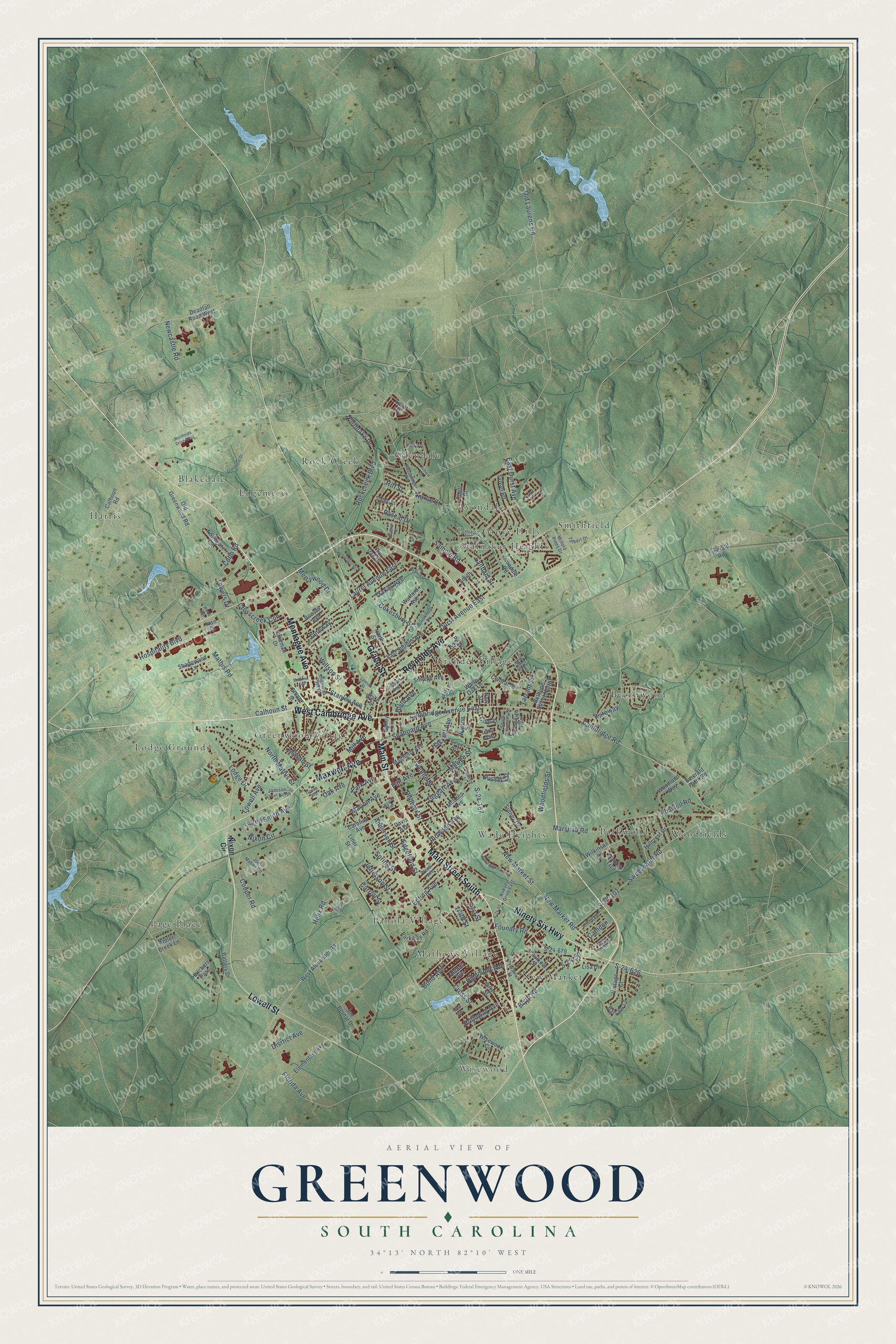 Full map of Greenwood, South Carolina, with red buildings, printed street names and the land around them