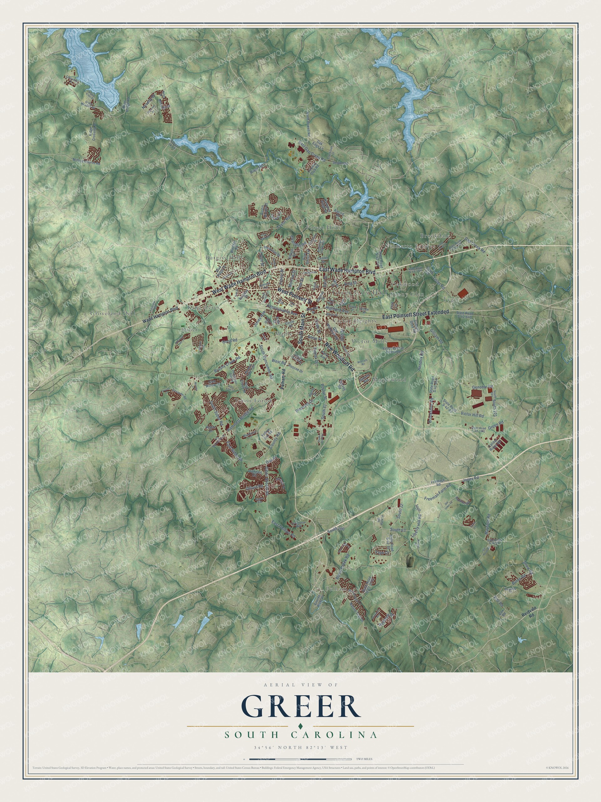 Full map of Greer, South Carolina, with red buildings, printed street names and the land around them