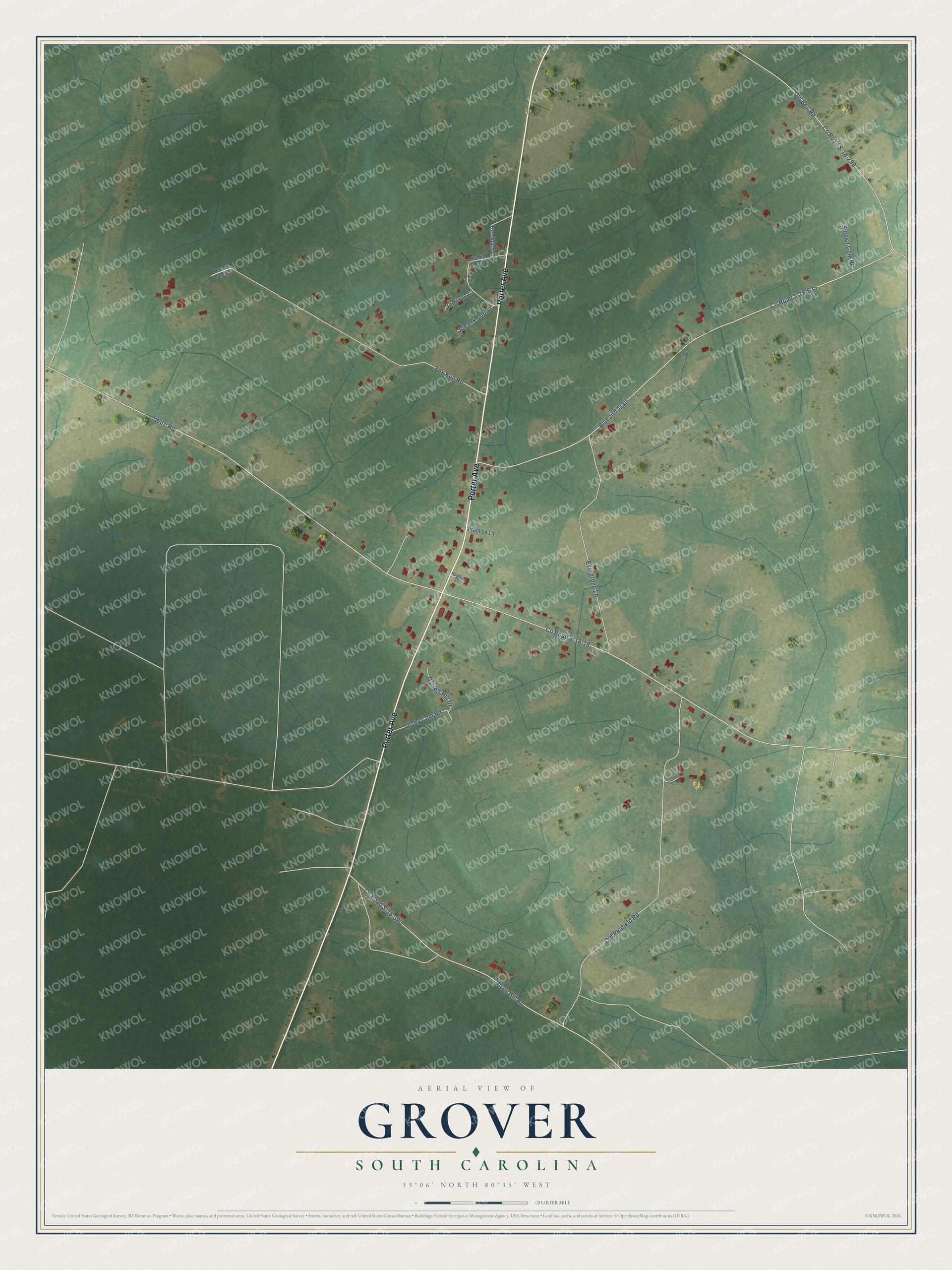 Full map of Grover, South Carolina, with red buildings, printed street names and the land around them