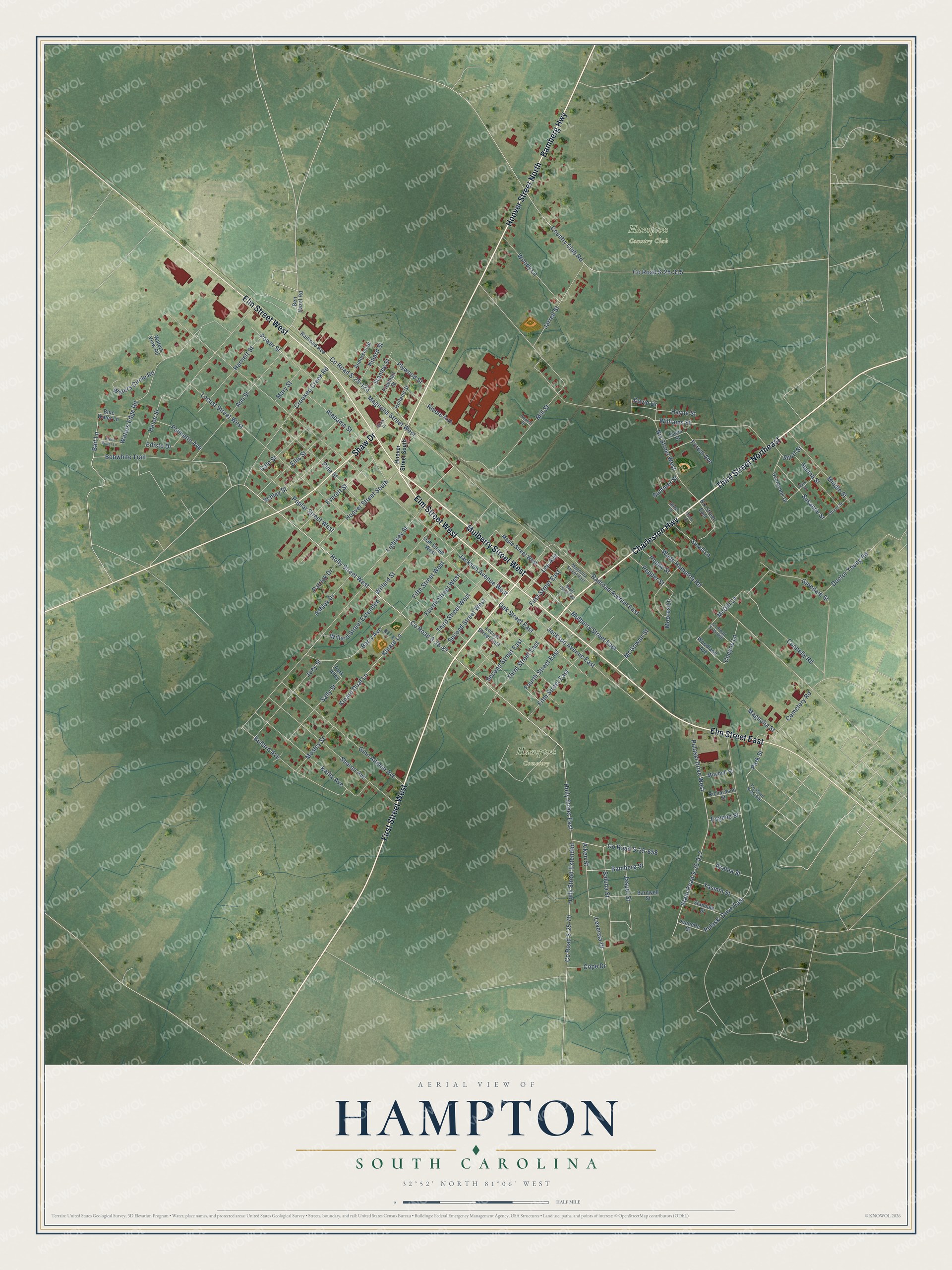 Full map of Hampton, South Carolina, with red buildings, printed street names and the land around them