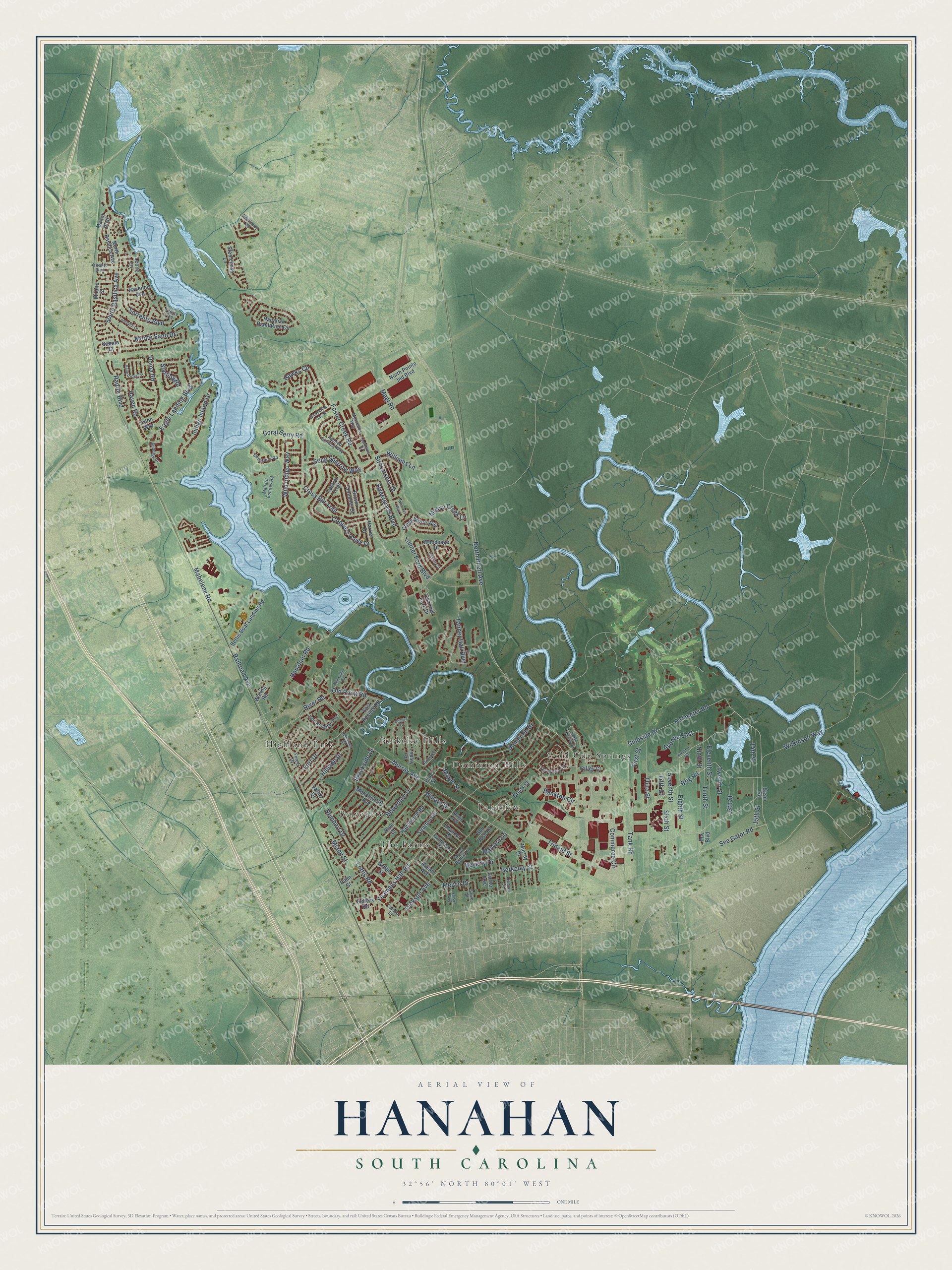 Full map of Hanahan, South Carolina, with red buildings, printed street names and the land around them