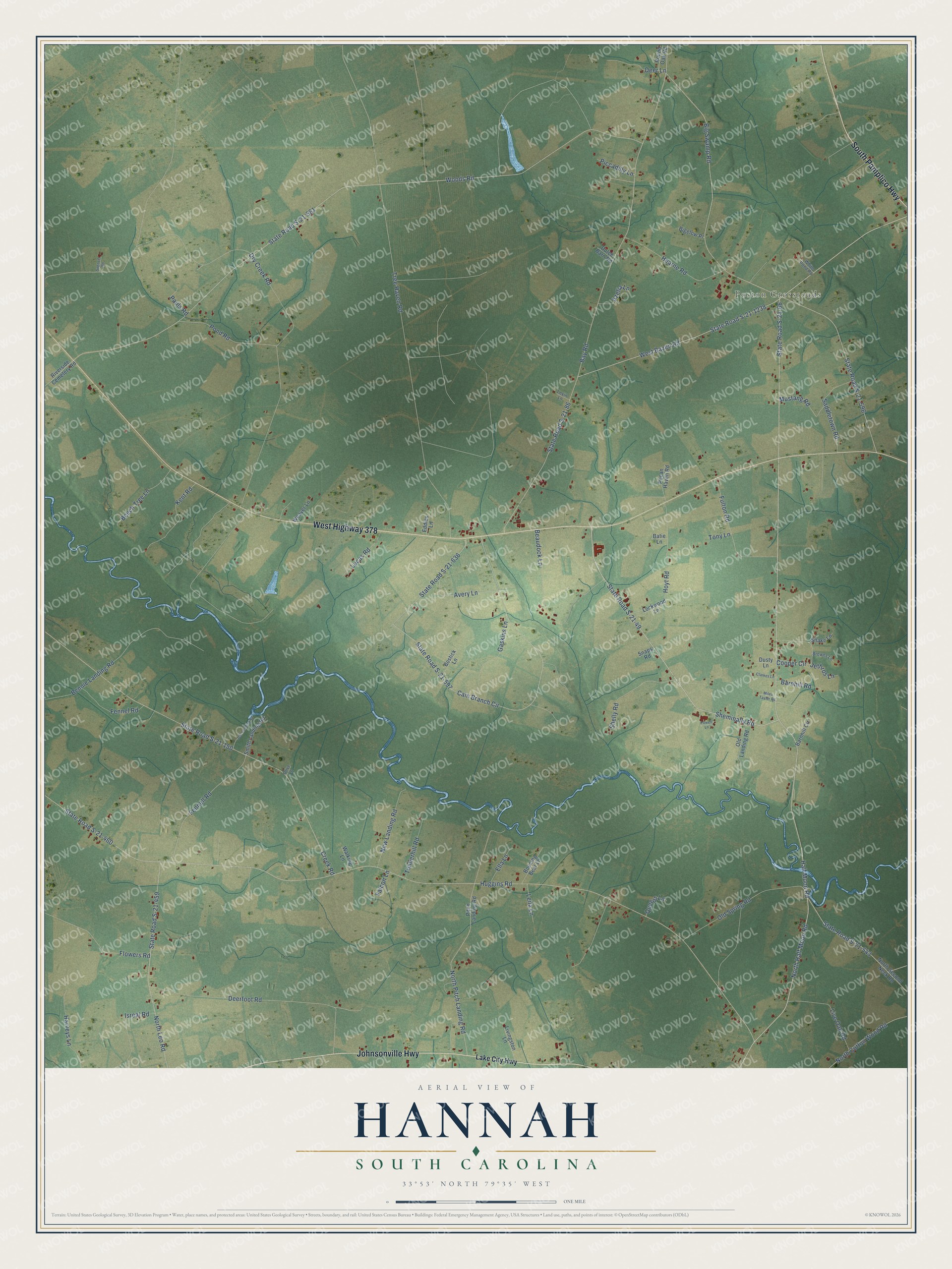 Full map of Hannah, South Carolina, with red buildings, printed street names and the land around them