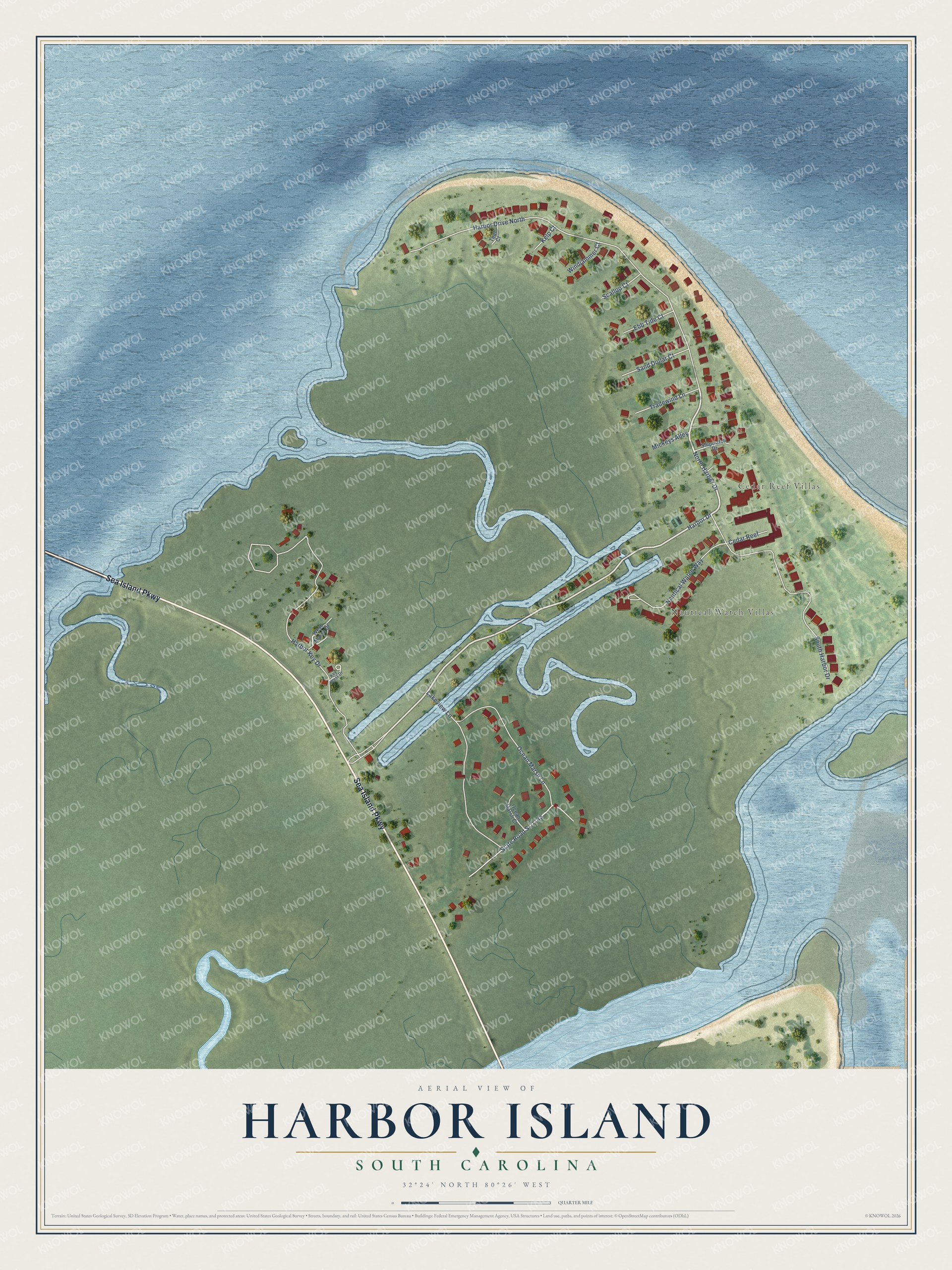 Full map of Harbor Island, South Carolina, with red buildings, printed street names and the land around them