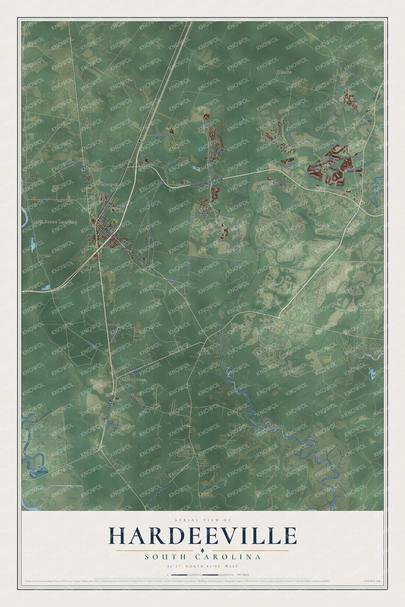Full map of Hardeeville, South Carolina, with red buildings, printed street names and the land around them