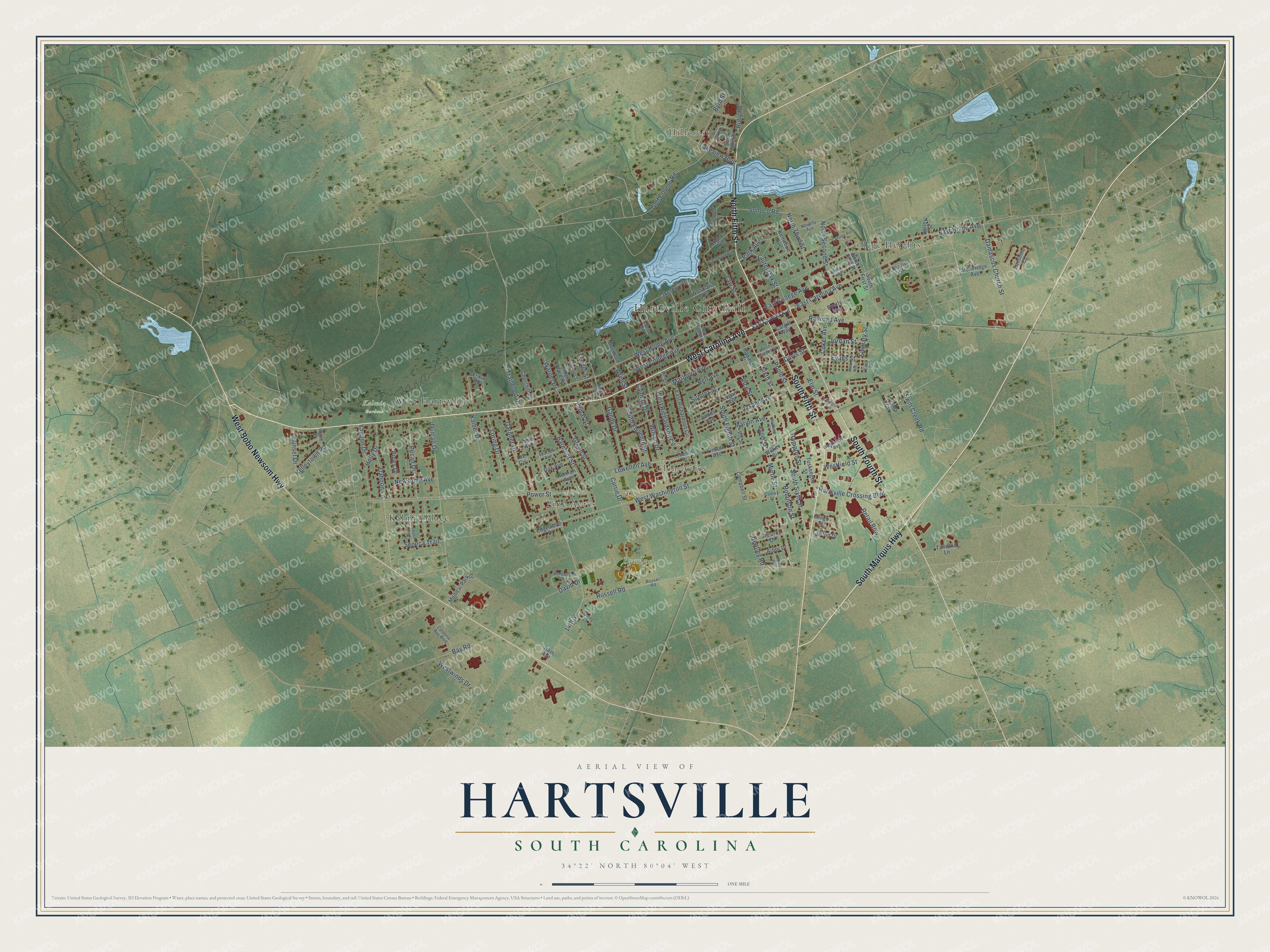Full map of Hartsville, South Carolina, with red buildings, printed street names and the land around them