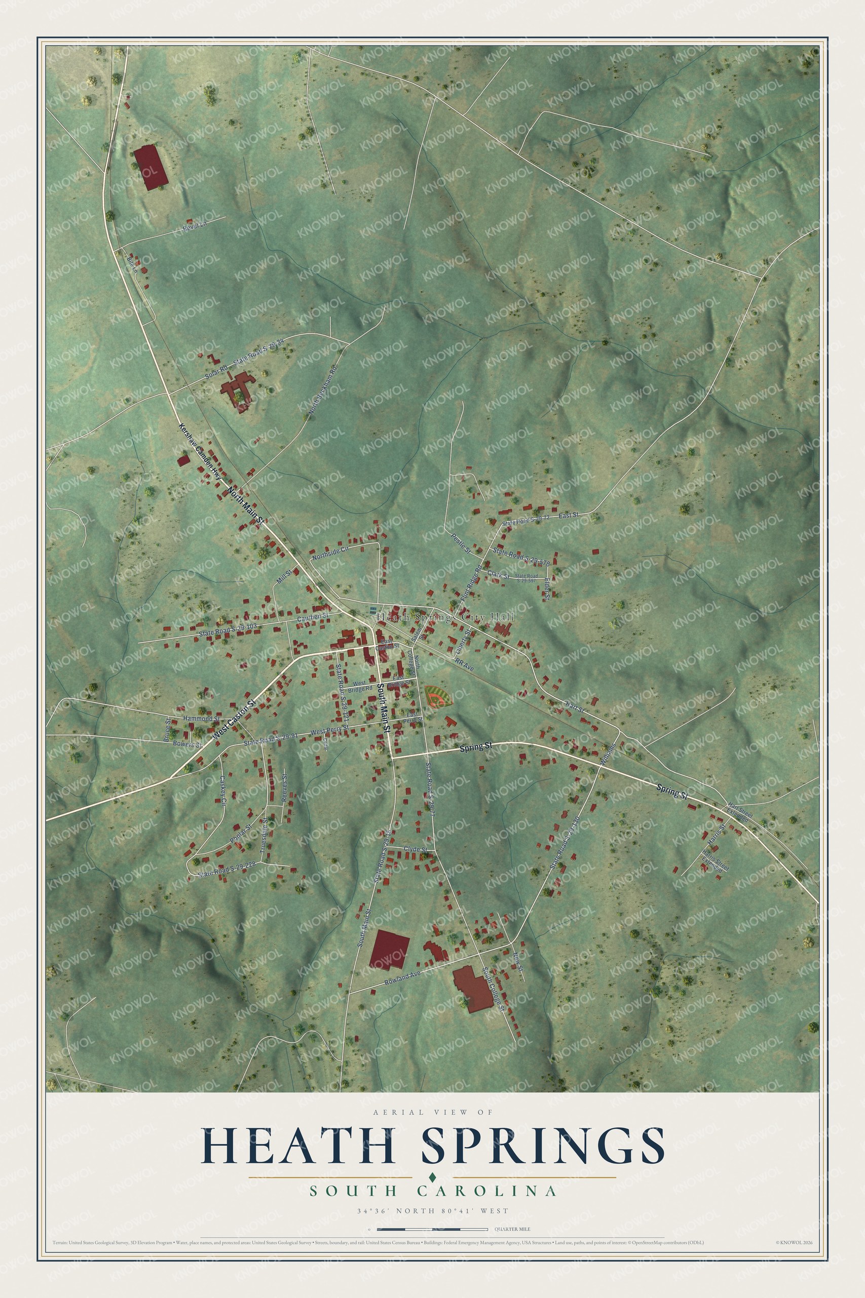 Full map of Heath Springs, South Carolina, with red buildings, printed street names and the land around them