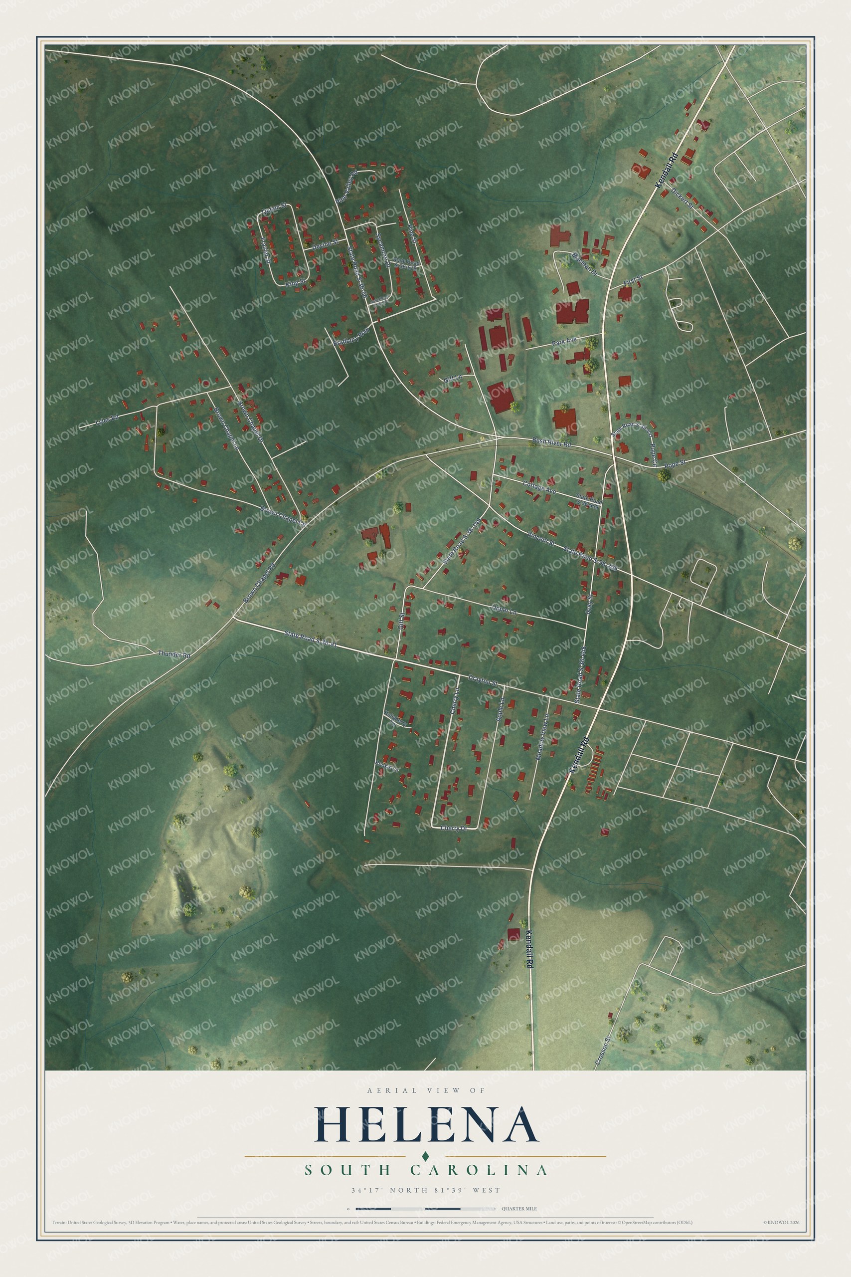 Full map of Helena, South Carolina, with red buildings, printed street names and the land around them