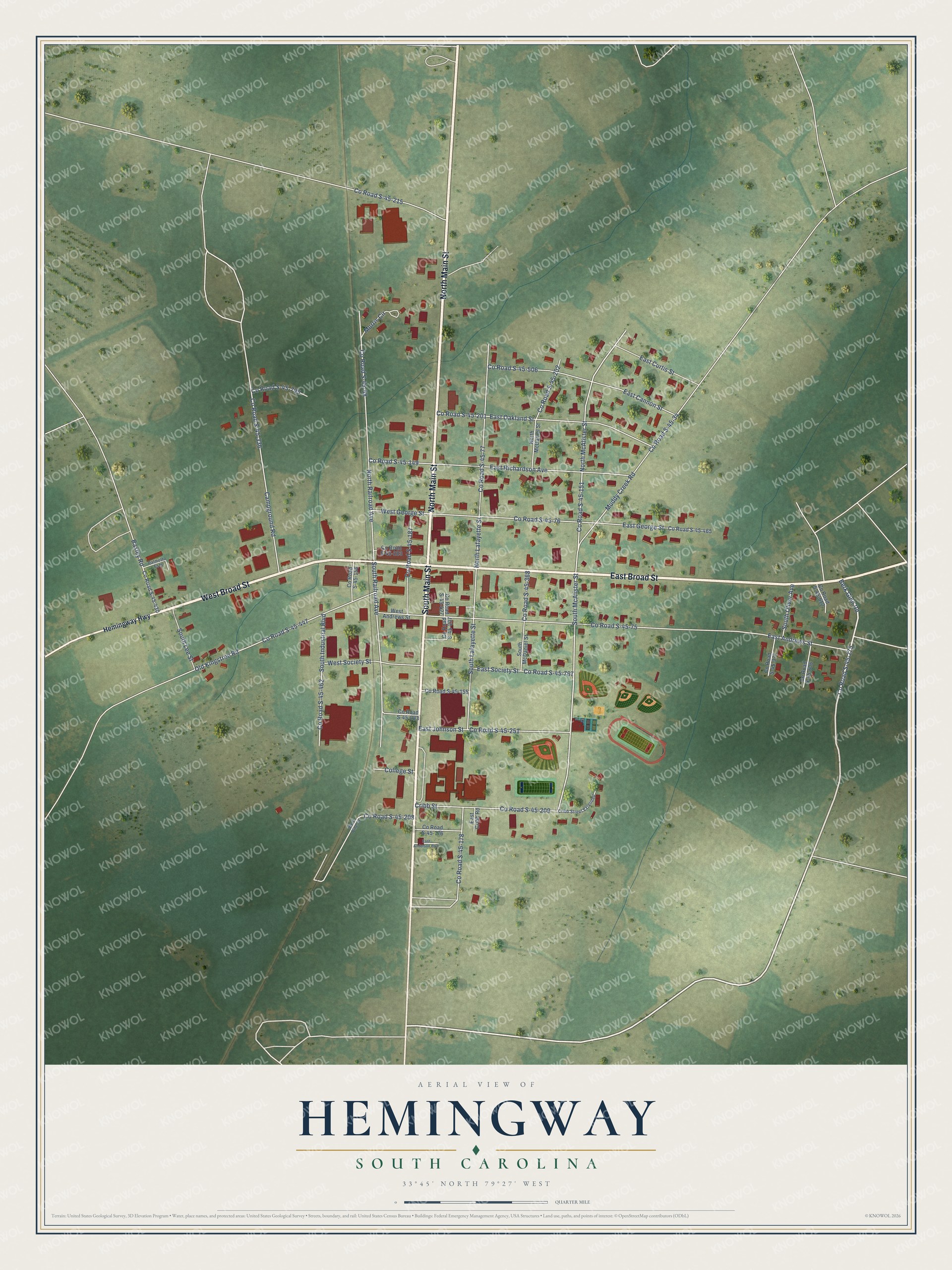 Full map of Hemingway, South Carolina, with red buildings, printed street names and the land around them