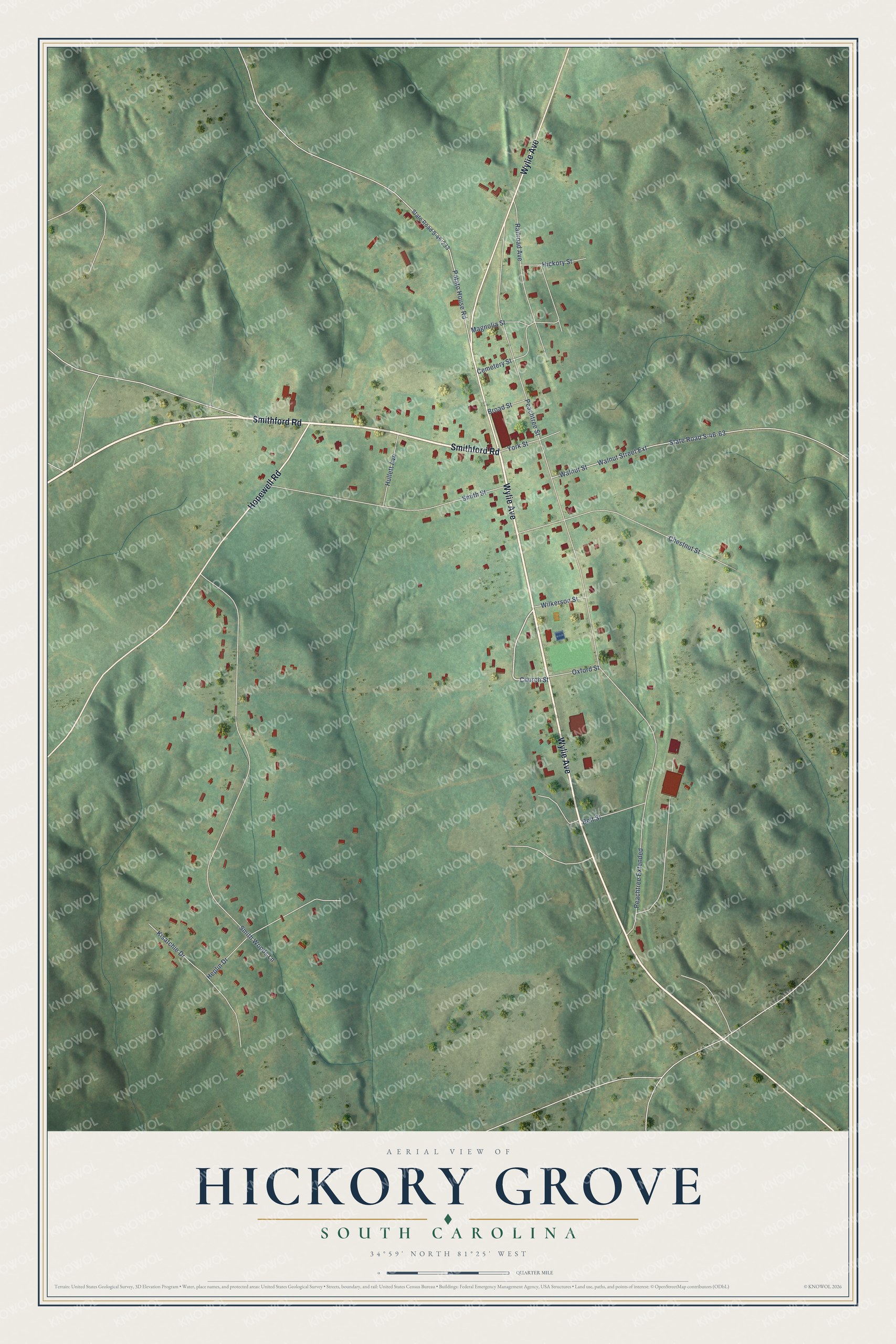 Full map of Hickory Grove, South Carolina, with red buildings, printed street names and the land around them