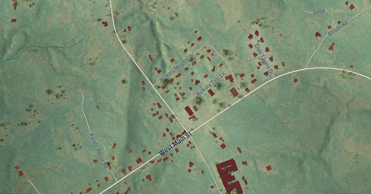 Close-up of streets and buildings in Hickory Tavern, South Carolina