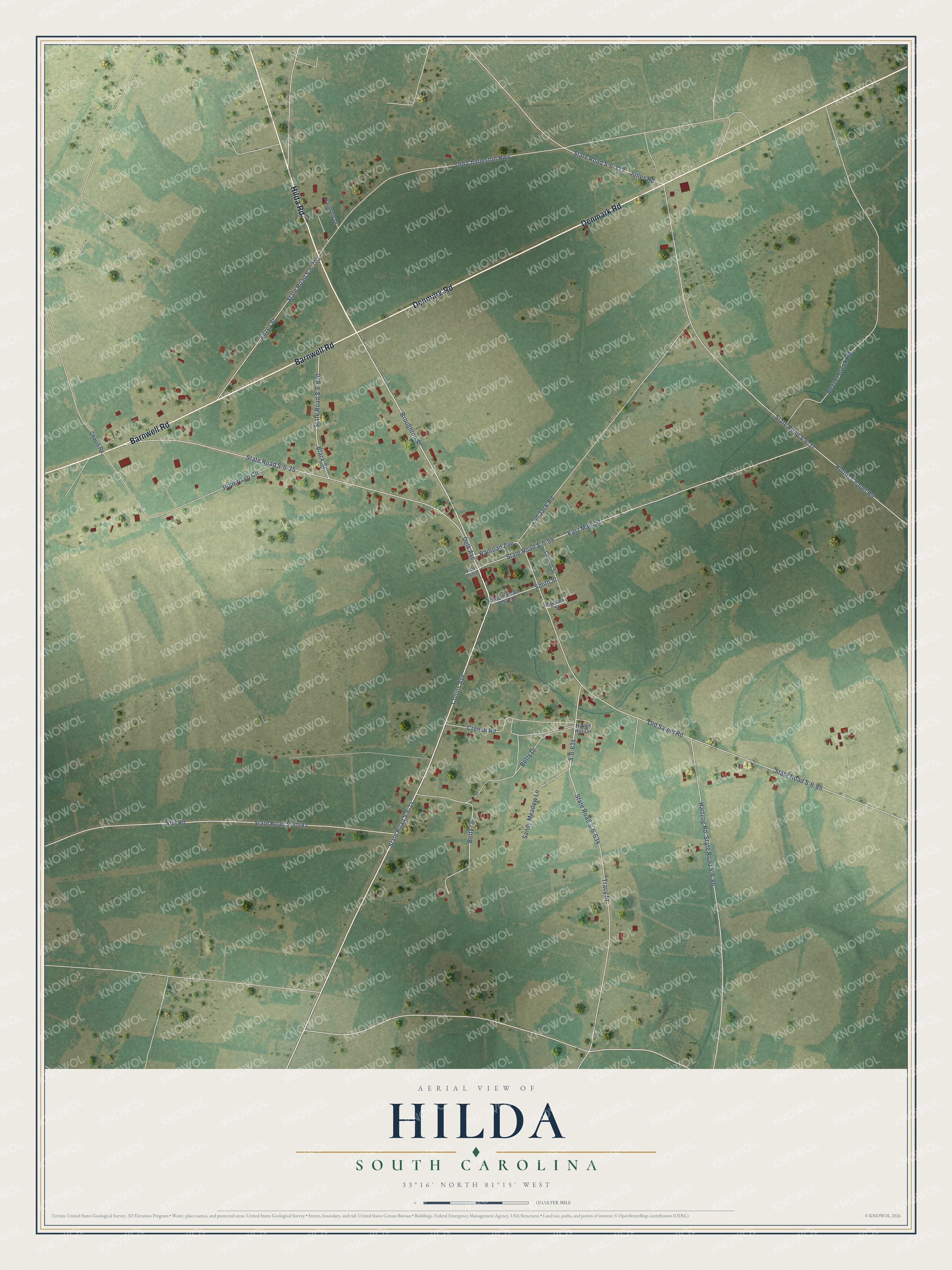 Full map of Hilda, South Carolina, with red buildings, printed street names and the land around them