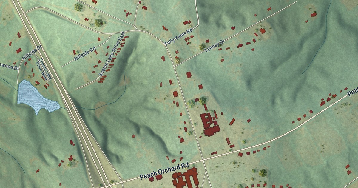 Close-up of streets and buildings in Hillcrest, South Carolina