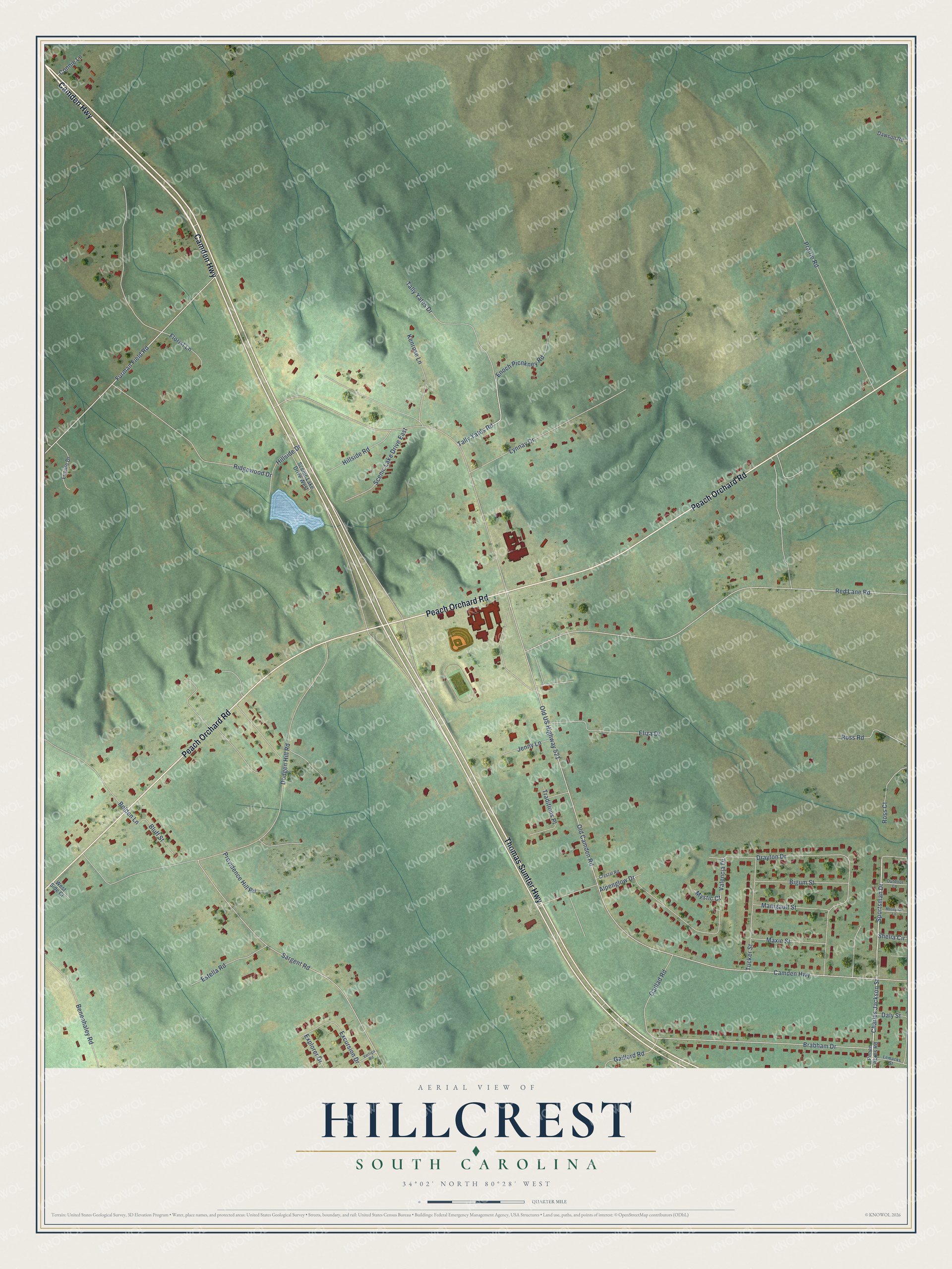 Full map of Hillcrest, South Carolina, with red buildings, printed street names and the land around them
