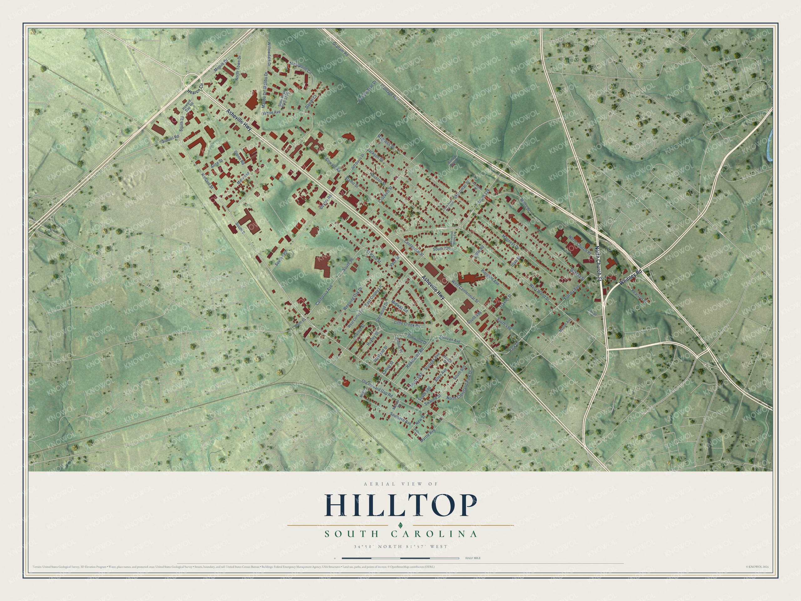 Full map of Hilltop, South Carolina, with red buildings, printed street names and the land around them