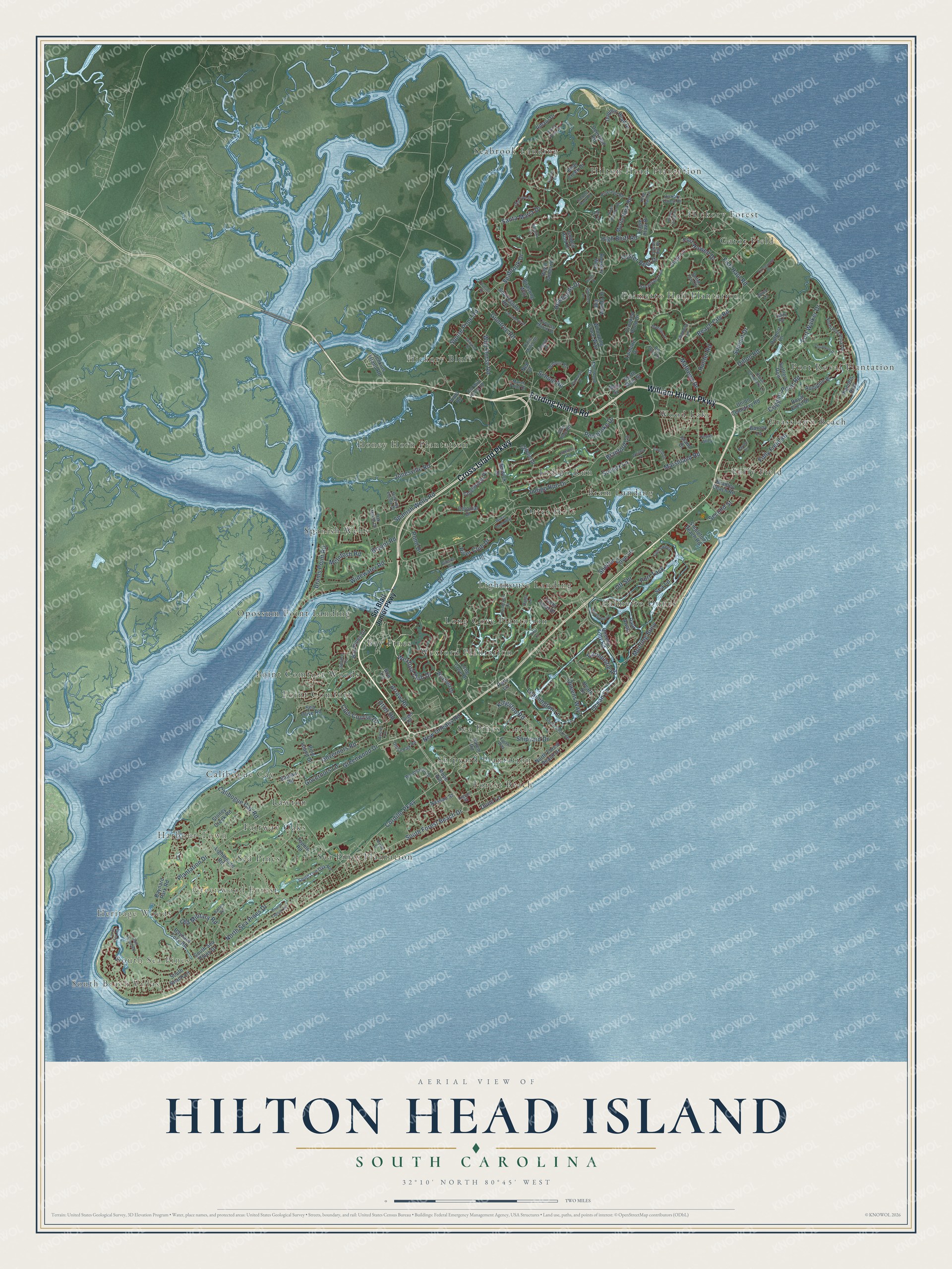 Full map of Hilton Head Island, South Carolina, with red buildings, printed street names and the land around them