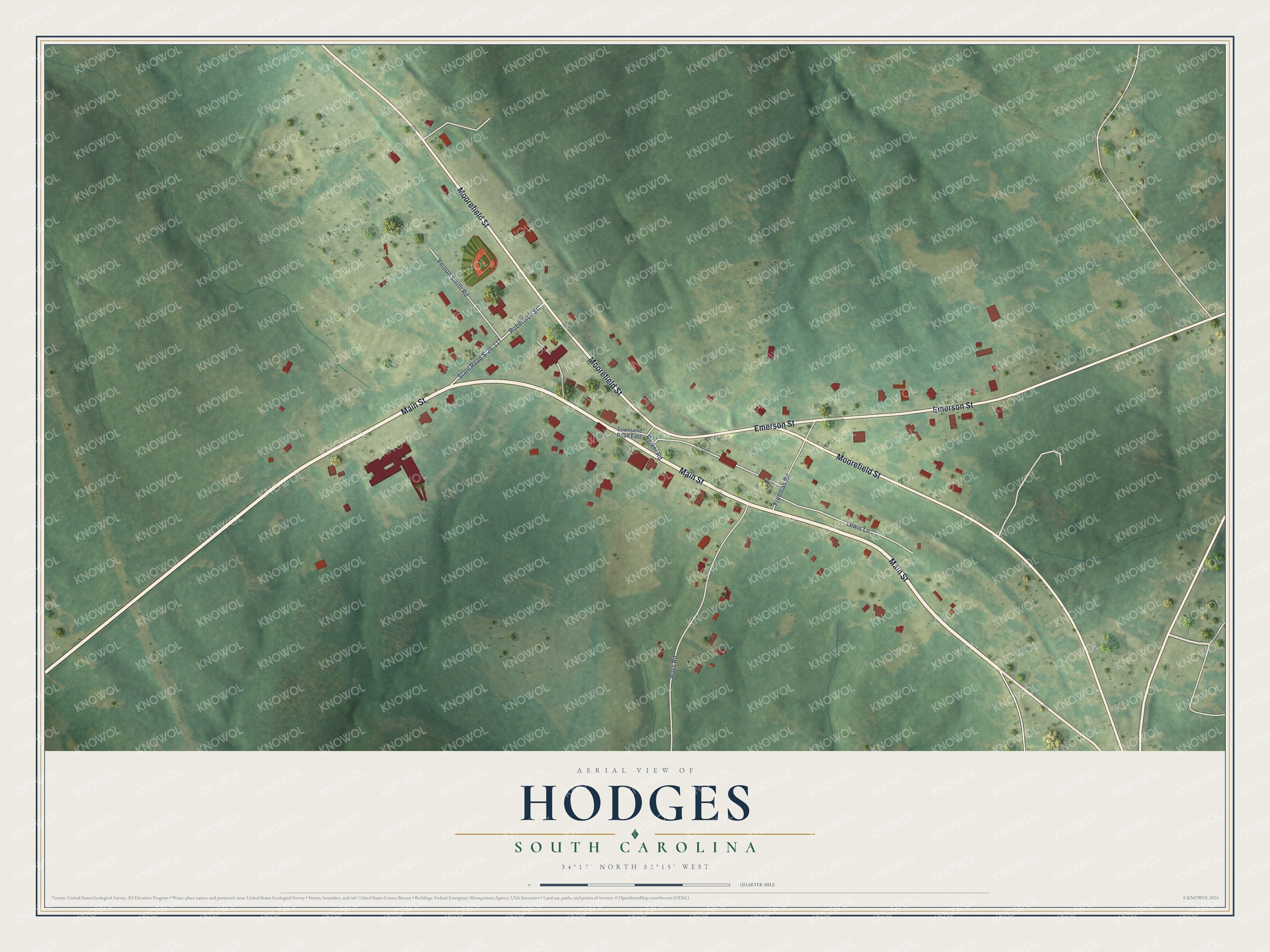 Full map of Hodges, South Carolina, with red buildings, printed street names and the land around them